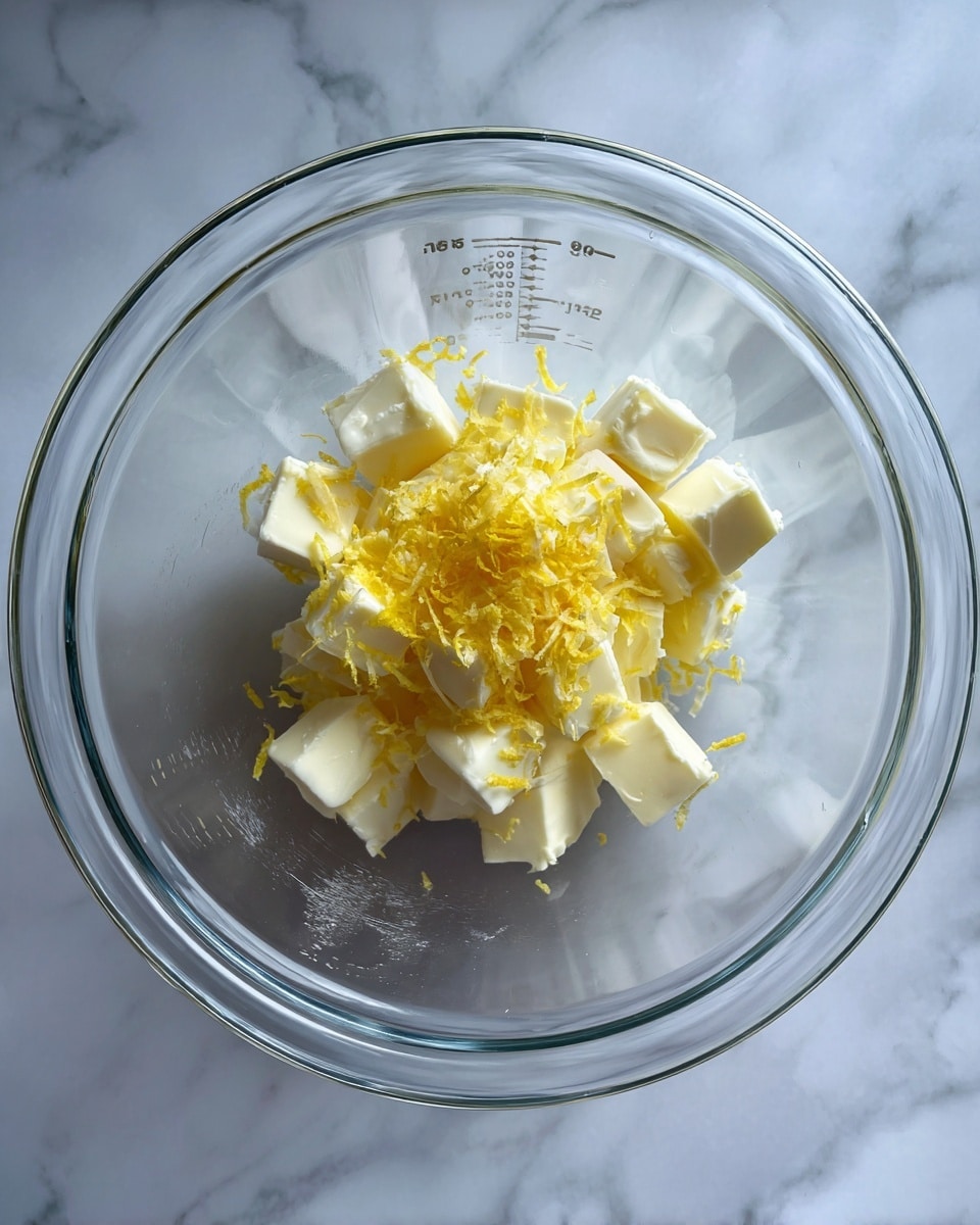 A clear glass mixing bowl is placed on a white marbled surface, inside the bowl are small white cubes of butter topped with finely grated yellow lemon zest, scattered evenly in the center, with the bowl showing measurement lines on its side. photo taken with an iphone --ar 4:5 --v 7