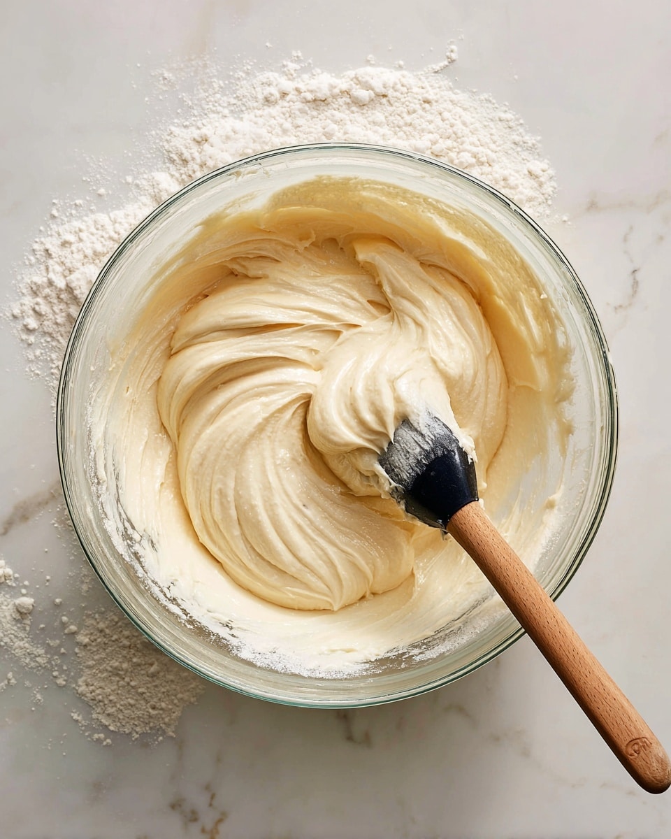 A clear glass mixing bowl filled with smooth, creamy beige batter. A wooden spatula with some batter on its black tip rests inside the bowl on the right side, showing soft, swirled texture. The bowl is placed on a white marbled surface with some scattered white powder on the bowl's inside edge, suggesting flour. Photo taken with an iphone --ar 4:5 --v 7