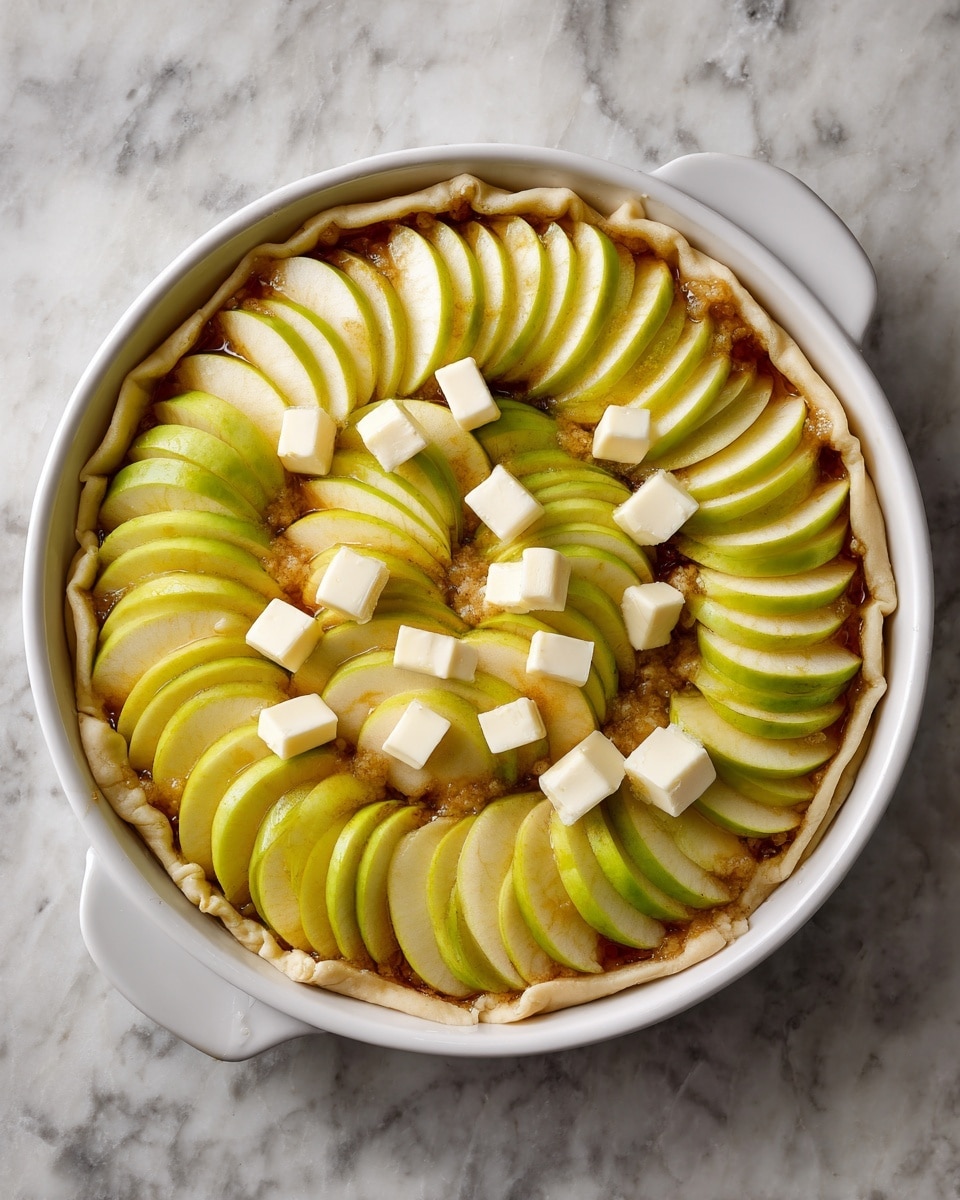 This image shows a round dish with a white handle, filled with a neatly arranged layer of thin, yellowish green apple slices stacked vertically and slightly fanned out. Around the edge, the dough crust is folded inward, covering part of the apples, and topped with a sprinkling of golden brown sugar. Small white cubes of butter are scattered evenly over the apple slices. The dish is placed on a white marbled surface. photo taken with an iphone --ar 4:5 --v 7