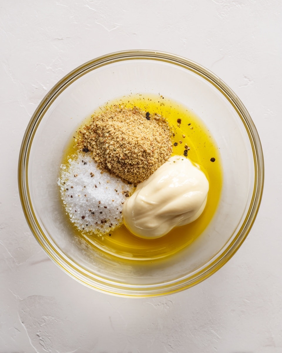 A clear glass bowl sits on a white marbled surface, filled with a few layers of ingredients not yet mixed. The bottom layer is a shiny yellow olive oil that covers the base evenly. On top of the oil, there is a smooth, off-white creamy layer gathered mostly on one side. Next to this cream is a small mound of mustard with a grainy texture in a brownish-yellow color. Close by, a sprinkle of coarse white salt contrasts with tiny black pepper specks scattered around. The overall look is fresh and ready for mixing, with a simple and clean setting. photo taken with an iphone --ar 4:5 --v 7