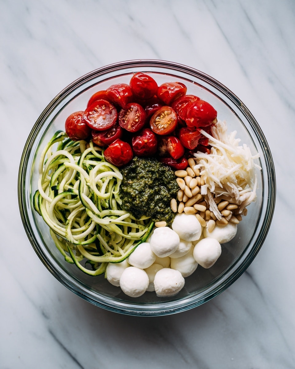 A clear glass bowl sits on a white marbled surface, filled with five distinct layers arranged in separate sections. At the bottom is a bed of green spiralized zucchini noodles with a slightly wet texture, topped by a darker green pesto sauce in one corner. Next to it, vibrant red grape tomatoes are halved, creating a shiny and juicy look. On another side, small white mozzarella balls cluster together, smooth and round. Beside them, a pile of light brown pine nuts adds a dry, crunchy texture, and next to the pine nuts, shredded white chicken meat lies loose and tender. photo taken with an iphone --ar 4:5 --v 7