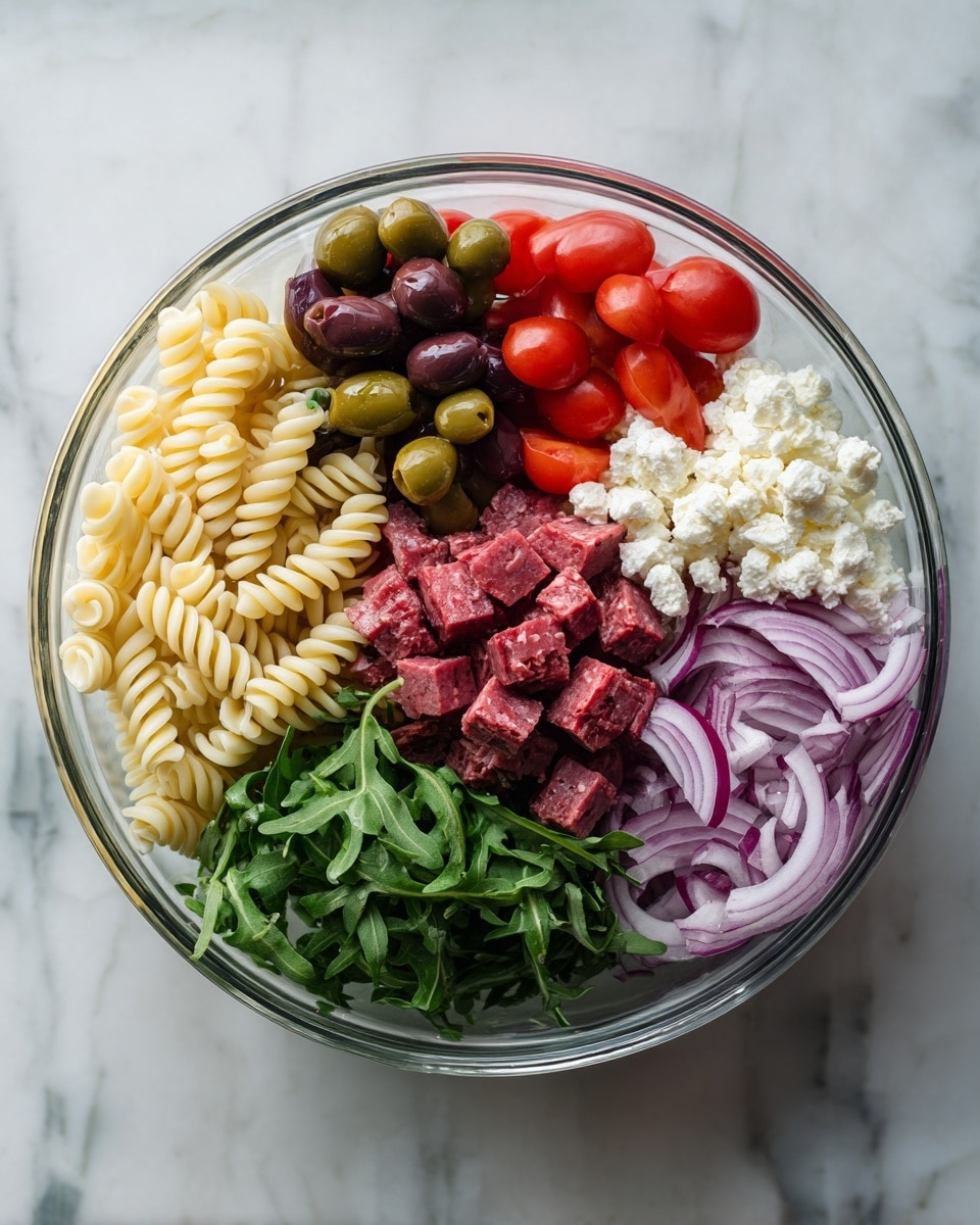 A clear glass bowl contains separate layers of fresh ingredients arranged in a circular pattern on a white marbled surface. Starting from the top, there are green and dark purple olives clustered together, followed by bright red cherry tomatoes sliced in half. Next to them is a layer of spiral pasta in a light cream color. Moving clockwise, there is white crumbled cheese, and next to it, a pile of small red meat cubes. Below the meat is a bunch of green leafy arugula. Finally, thin, shredded purple onions complete the circle. Each ingredient is clearly visible with varied textures and colors, making the bowl look fresh and vibrant. Photo taken with an iphone --ar 4:5 --v 7