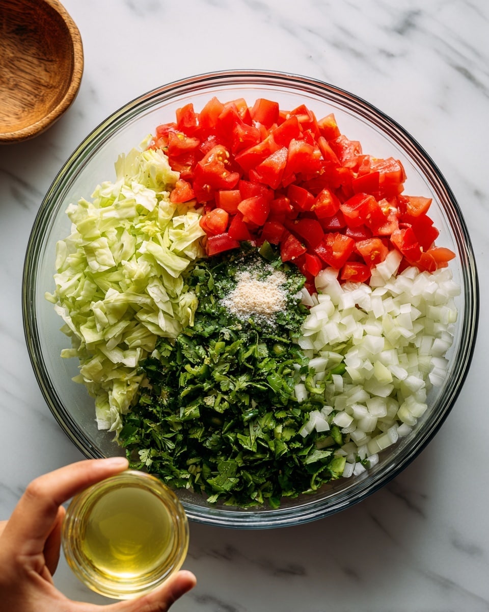 A clear glass bowl placed on a white marbled surface holds five separate layers of fresh, chopped ingredients arranged in a circle. The top left layer is bright red diced tomatoes with a juicy texture, next to light green chopped cabbage on the top right. Below the cabbage is a pile of small white diced onions, and to the lower left of that are dark green chopped cilantro leaves. In the center is a small mound of fine white salt resting on finely chopped green jalapeños. A small clear glass cup with a light yellow liquid is held by a woman's hand in the lower left corner, about to pour into the bowl. Photo taken with an iphone --ar 4:5 --v 7
