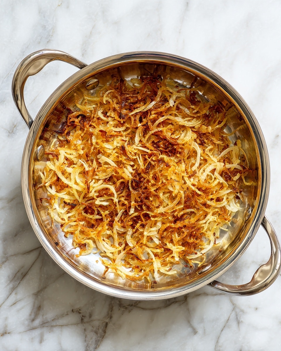 A round silver pan with two handles is shown from above, resting on a white marbled surface. Inside the pan, there is a single layer of thin golden-brown fried onions, some darker and crispier than others. The onions cover most of the pan’s base but are gathered more on the left side, with a clean silver spot on the right side. The texture of the onions looks slightly oily and crunchy. Photo taken with an iphone --ar 4:5 --v 7