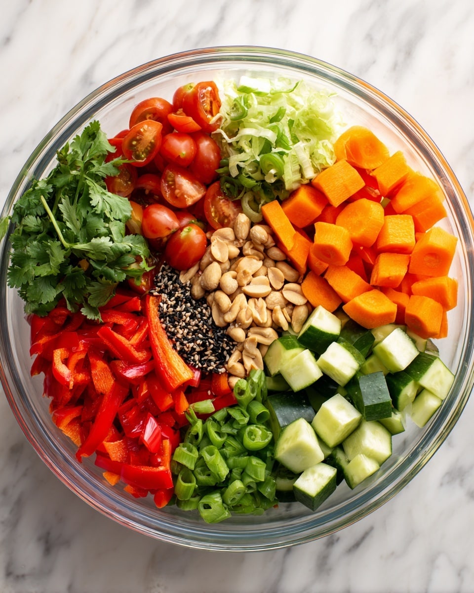 The image shows a clear glass bowl on a white marbled surface. Inside, there are many fresh ingredients placed in separate sections. Starting from the top right, there are green cucumber cubes, bright orange carrot sticks, light green chopped spring onions, and red bell pepper strips. On the top left side, there are halved red cherry tomatoes, green cilantro leaves, and pale green lettuce pieces. In the center, there are beige-colored peanuts and a small pile of black sesame seeds. All the colors are bright and fresh, showing a mix of crunchy vegetables and nuts, arranged neatly without being mixed. Photo taken with an iphone --ar 4:5 --v 7