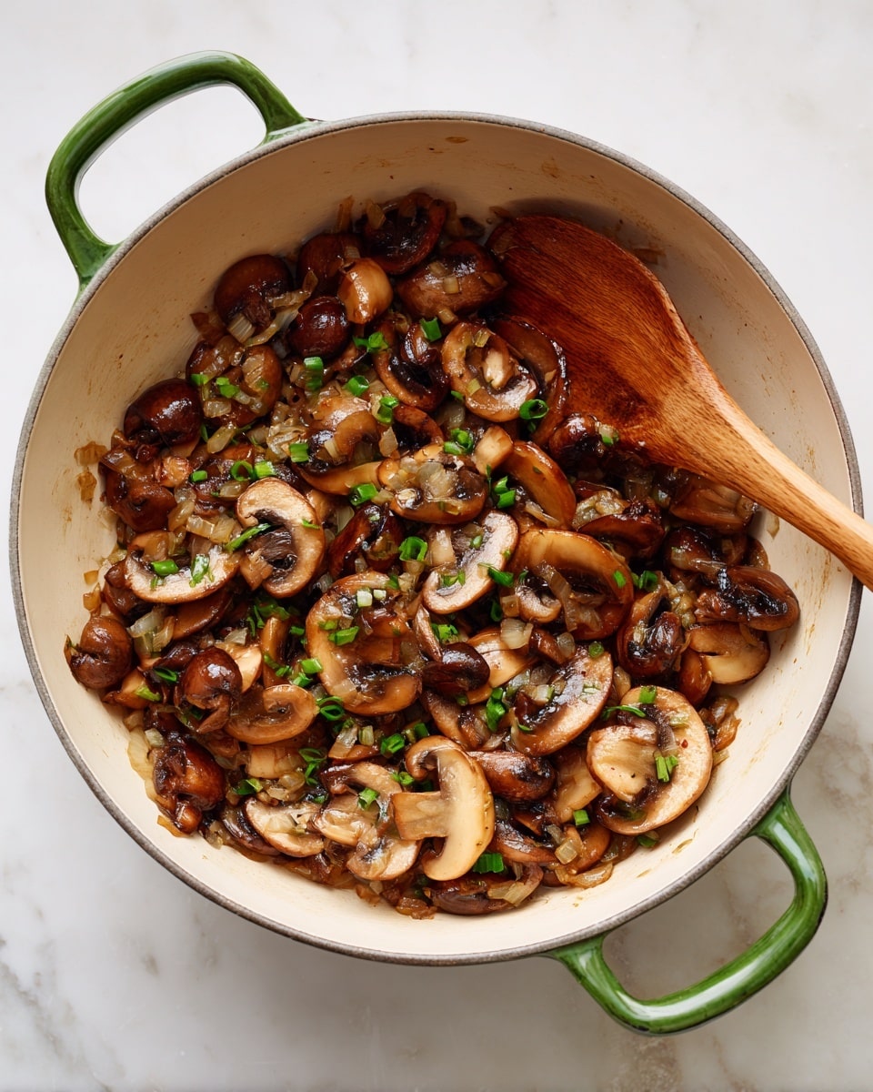 A round white pot filled with cooked sliced mushrooms mixed with small chopped onions. The mushrooms are brown with a glossy texture from cooking, and the onions are slightly caramelized, giving a light golden color. The pot has green handles on each side, resting on a white marbled surface. Inside the pot, a wooden spoon is placed among the mushrooms, with its handle pointing outwards. photo taken with an iphone --ar 4:5 --v 7