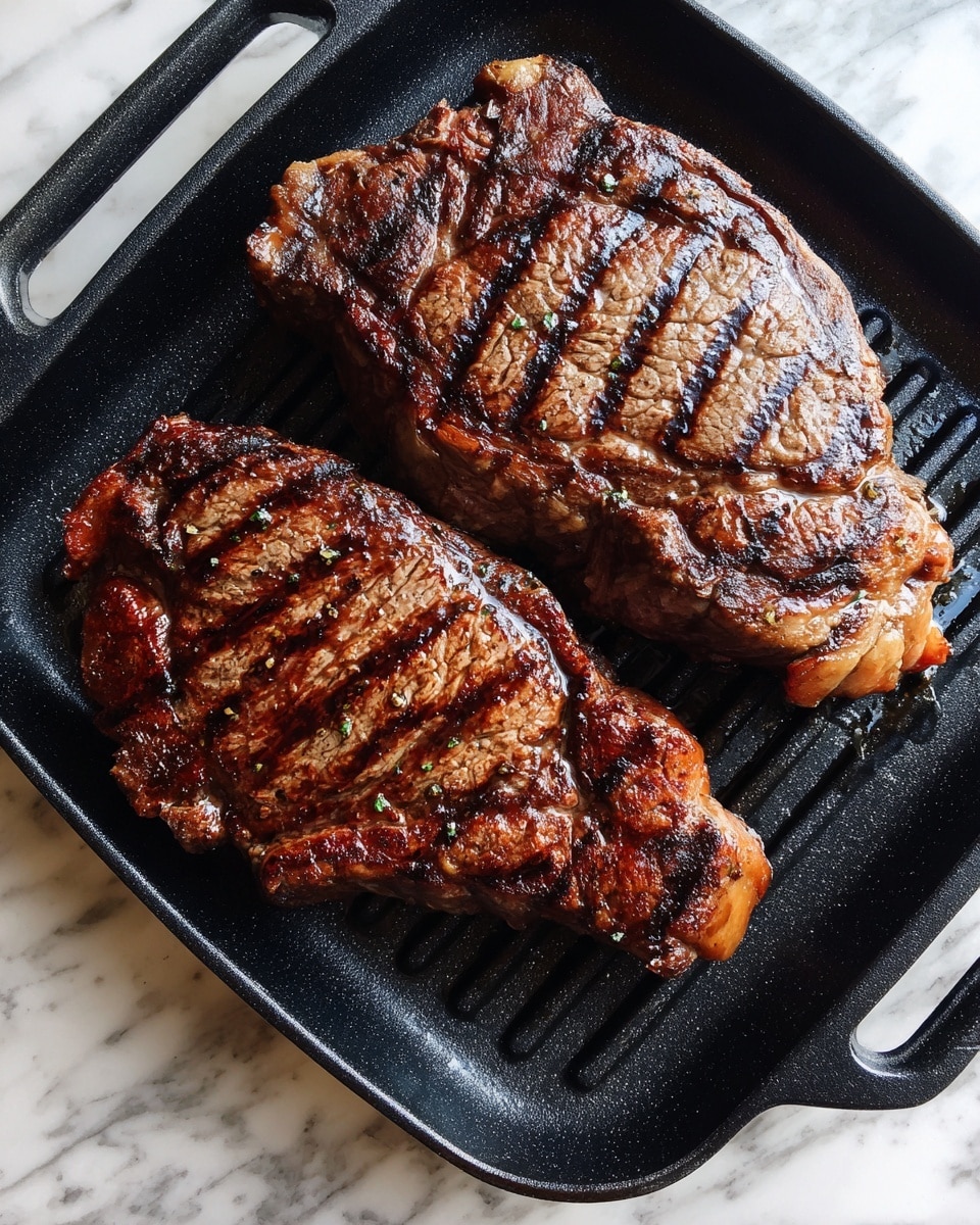 The image shows two large, dark brown grilled meat pieces with clear char marks on them, sitting side by side on a black grill pan. The meat looks juicy with a slightly shiny surface from the cooking juices. The grill pan has a ridged texture and sits on a white marbled surface that contrasts with the rich colors of the meat. photo taken with an iphone --ar 4:5 --v 7