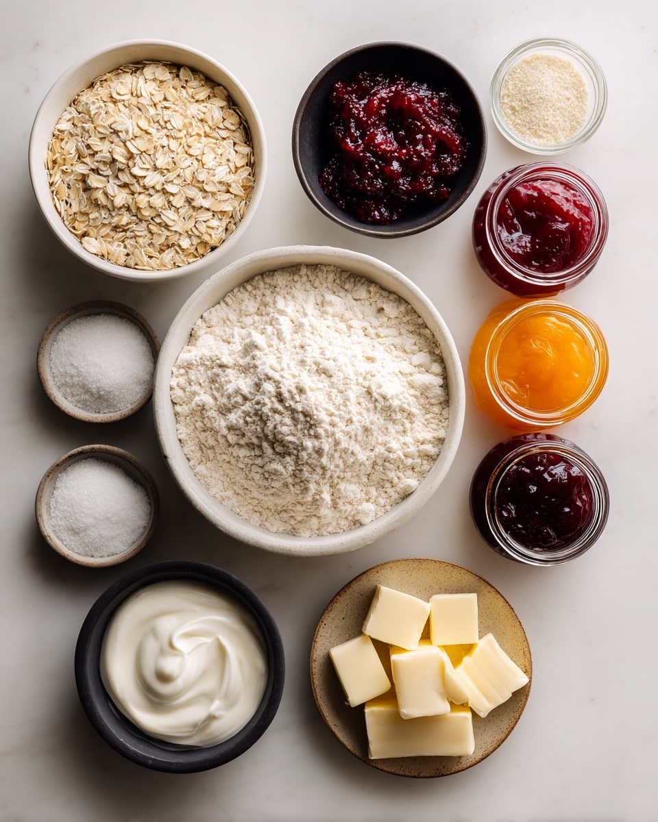 A top view image shows small white bowls and small glass jars arranged neatly on a white marbled surface, each holding different baking ingredients. The largest bowl in the middle contains white flour with a slightly rough texture. To its left, a white bowl holds light beige rolled oats, and below it is a black bowl filled with granulated white sugar. Next to the oats, a small white bowl has creamy white yogurt. Above the flour are two small black bowls, one with a coarse white substance and the other with fine white salt. At the top right, four small glass jars are filled with orange, deep red, dark purple, and bright red jam, each with a shiny, smooth surface. On the right side, a white bowl holds pale yellow butter cubes arranged in a small pile, and next to it, a small brown plate holds a fine white powder. The white marbled surface and crisp lighting make the colors and textures clear and vivid, photo taken with an iphone --ar 4:5 --v 7