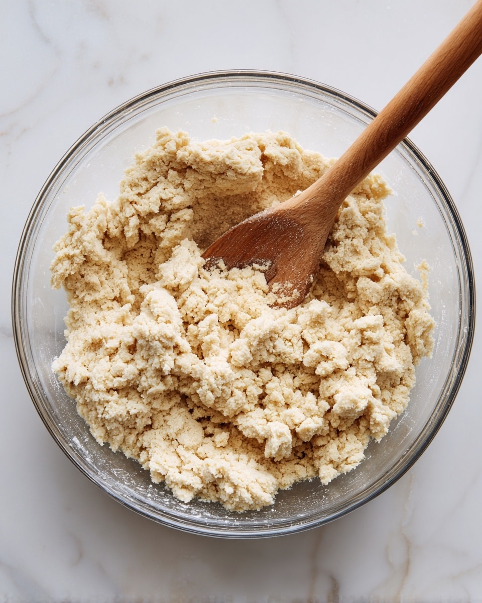 A clear glass bowl sits on a white marbled surface, filled with crumbly, light beige dough that has a rough texture with small lumps. A wooden spoon with a smooth, light brown handle rests inside the bowl, partially covered by the dough. The dough is unevenly mixed, with visible small dry and moist bits, giving it a very natural look. photo taken with an iphone --ar 4:5 --v 7