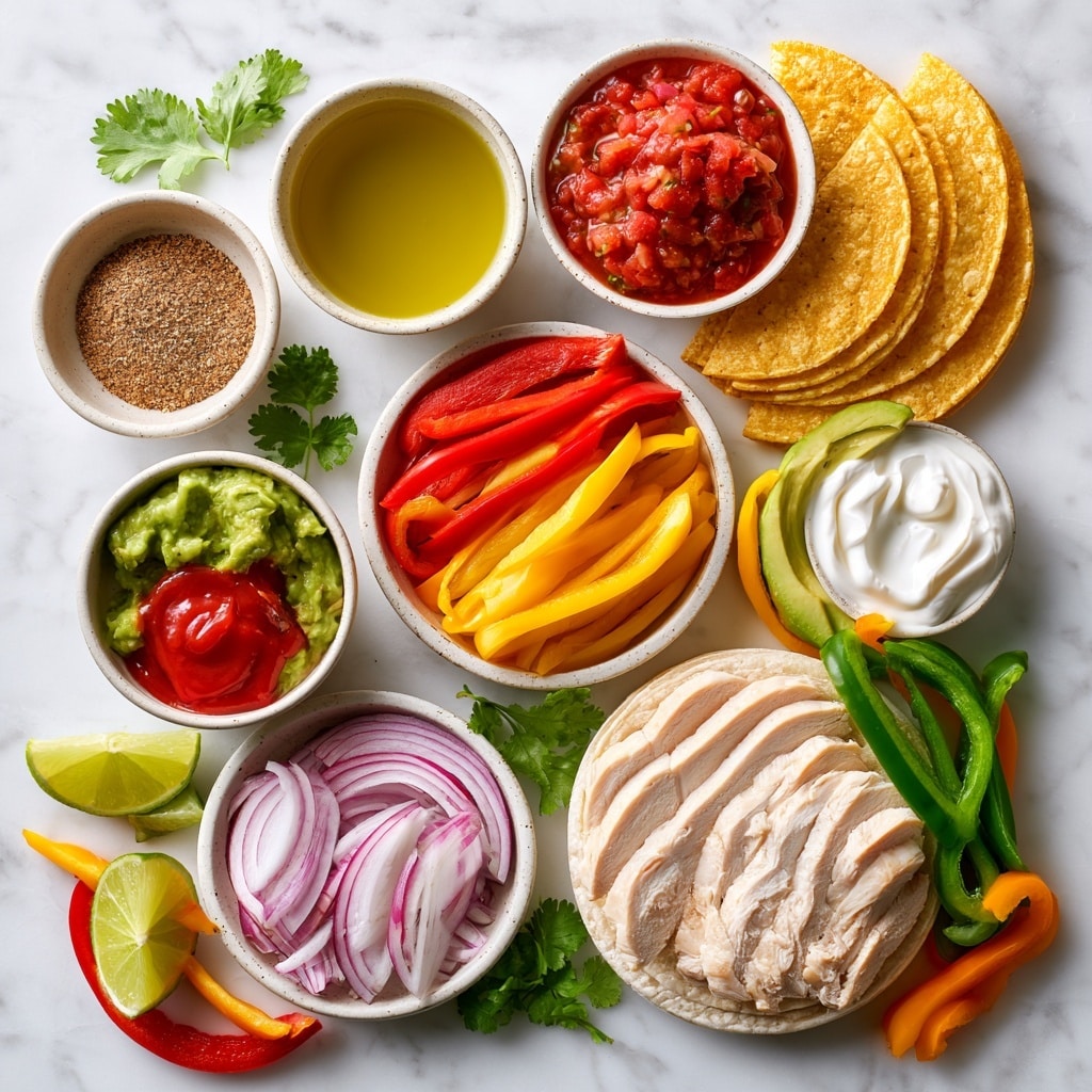 Two tacos are placed on a round wooden board with a handle, set on a white marbled surface. Each taco has a white tortilla with light char marks, filled with grilled chicken pieces in golden brown, slices of green and red bell peppers, bright yellow bell pepper, and slices of green avocado. Lime wedges and green cilantro leaves are scattered on and around the tacos. To the side, half an avocado with its seed is visible along with a sheet pan holding more grilled peppers and chicken. A woman's hand wearing a dark striped cloth is partially visible in the bottom left corner photo taken with an iphone --ar 4:5 --v 7