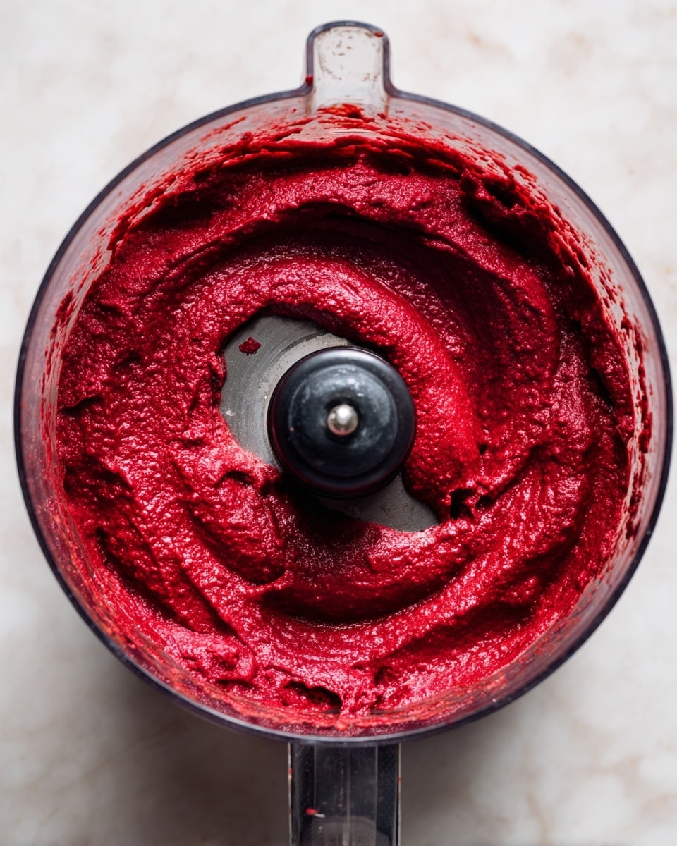 A close-up top view of a food processor filled with a smooth, thick red mixture that looks like blended beet or red sauce. The mixture forms a single thick layer inside the clear container, swirling around the central black blade piece. Some small chunks and bits stick to the sides of the container, and the food processor sits on a white marbled surface. photo taken with an iphone --ar 4:5 --v 7