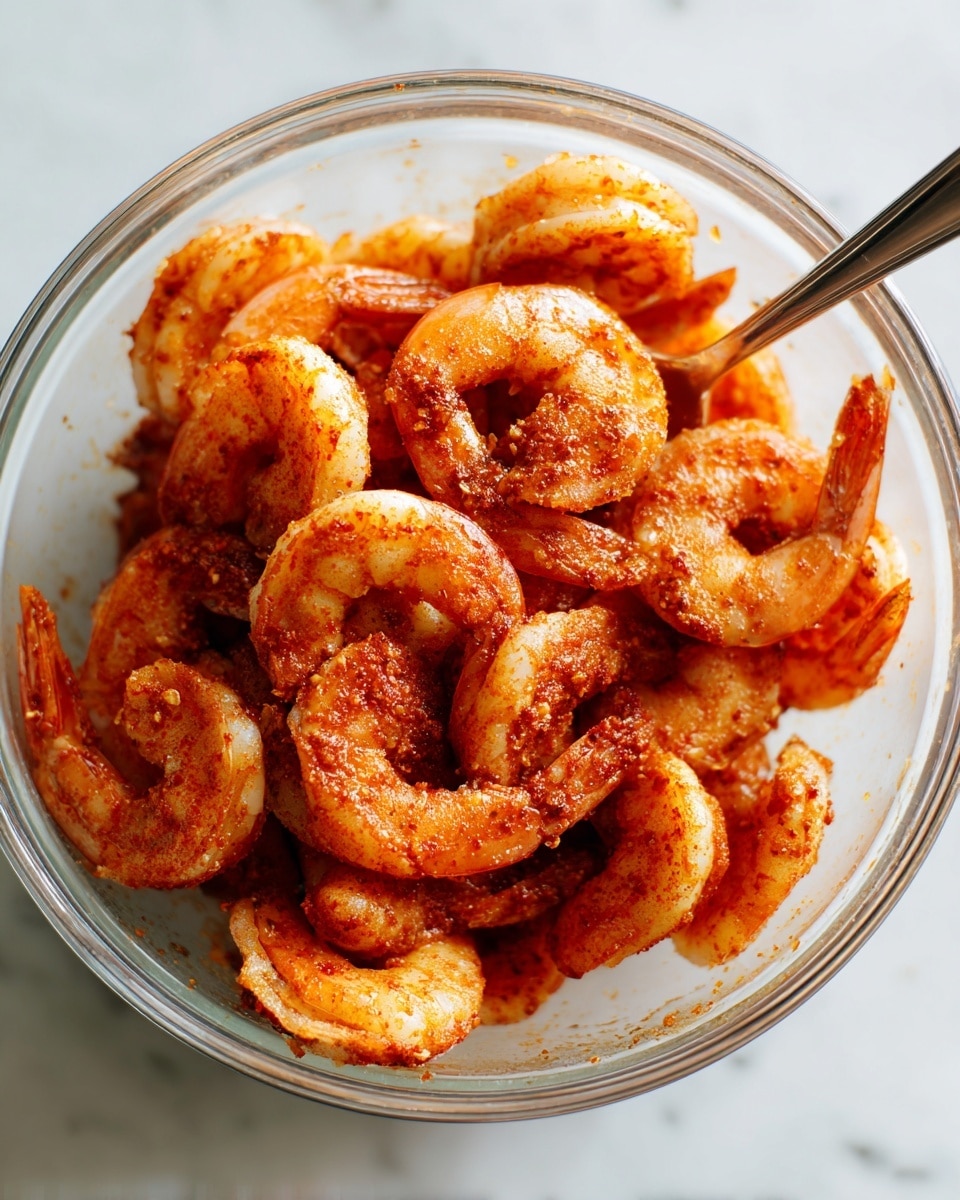 A clear glass bowl filled with many raw shrimp mixed evenly with a reddish-brown spice coating that adds a slightly shiny and textured look to each piece. The shrimp are piled up inside the bowl, with some spice coating spread on the bowl's sides. A silver spoon is partially inside the bowl, resting at the top right corner. The bowl sits on a white marbled surface, and the lighting highlights the glossy and moist texture of the shrimp. photo taken with an iphone --ar 4:5 --v 7