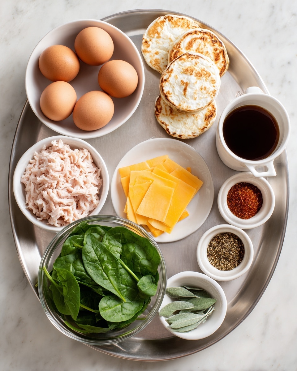A metal tray holds several white round bowls and dishes, each with different ingredients arranged neatly. Near the top left, a white bowl is filled with eight brown eggs and three toasted English muffins with a lightly browned, slightly rough surface. To the right, a white ramekin is filled with soft, white cottage cheese with a slightly lumpy texture. Below it, a white bowl contains smooth, light pink ground turkey, arranged in neat strands. At the bottom left, a clear glass bowl holds fresh, vibrant green spinach leaves. Near the bottom center, two slices of bright yellow cheddar cheese rest flat. Next to these, a small white dish contains a mix of colorful spices: red, white, black, and light yellow powders. To the right, another small white bowl holds fresh sage leaves, and next to it is a white cup filled with dark brown liquid. All items sit on the metal tray placed on a white marbled surface photo taken with an iphone --ar 4:5 --v 7