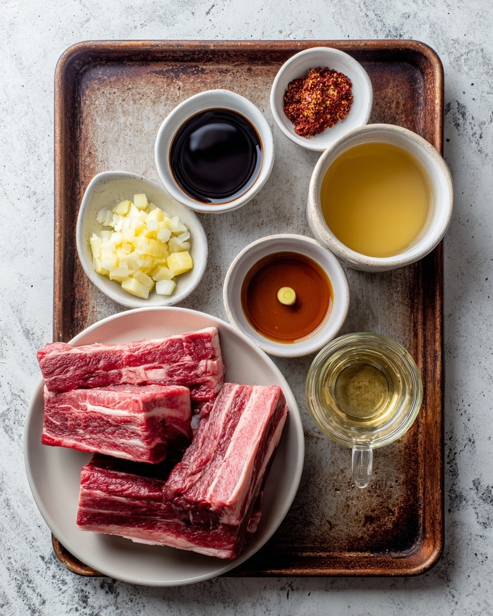 A rusty metal tray holds several small white bowls and a clear measuring cup filled with light brown liquid, dark soy sauce, reddish-brown paste, finely minced garlic, a small yellow ball of ginger, and a light golden oil. At the bottom left of the tray, a white plate contains four thick pieces of raw beef ribs with visible marbling of red meat and white fat. The background is a white marbled texture. Photo taken with an iphone --ar 4:5 --v 7