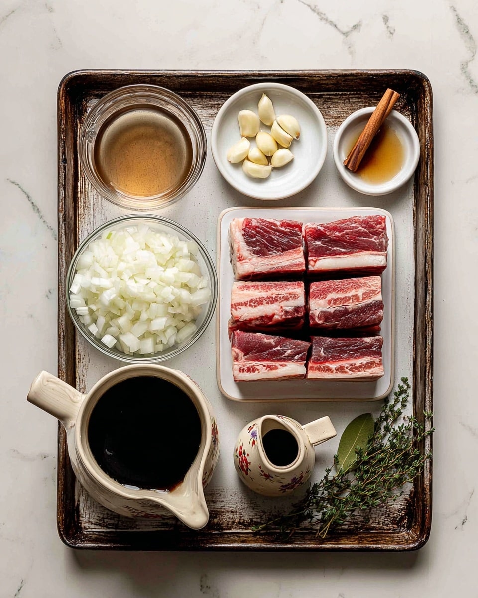 The image shows a baking tray with several cooking ingredients neatly arranged on a white marbled surface. In the tray, there is a glass bowl filled with chopped white onions positioned at the bottom left. To its right is a white bowl with four thick, marbled raw beef short ribs layered closely together. Above the beef, there are two small glass bowls, one filled with peeled garlic cloves and the other with a golden liquid, likely honey or syrup. To the right side of these bowls, there is a small white plate holding a cinnamon stick, a bay leaf, and a sprig of fresh thyme. Near the bottom right corner of the tray, there is a small cream pitcher with a dark liquid, possibly soy sauce or balsamic vinegar. At the top left inside the tray, a clear measuring cup contains a light brown liquid broth or stock. Next to it, a ceramic beige pitcher with a floral pattern holds a dark liquid, possibly red wine, completing the arrangement. The baking tray has a worn textured look with lines running vertically. Photo taken with an iphone --ar 4:5 --v 7