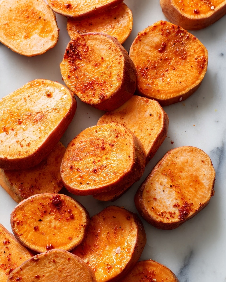 The image shows many slices of orange sweet potatoes arranged in one layer on a white marbled surface. Each slice has a smooth, slightly shiny texture with some patches of darker orange and red seasoning glistening under sunlight. The sweet potato slices vary in size and shape, some are oval while others have a more rounded edge. The surface they rest on has small marks where the seasoning and juice have collected, creating a moist and rich look overall. photo taken with an iphone --ar 4:5 --v 7