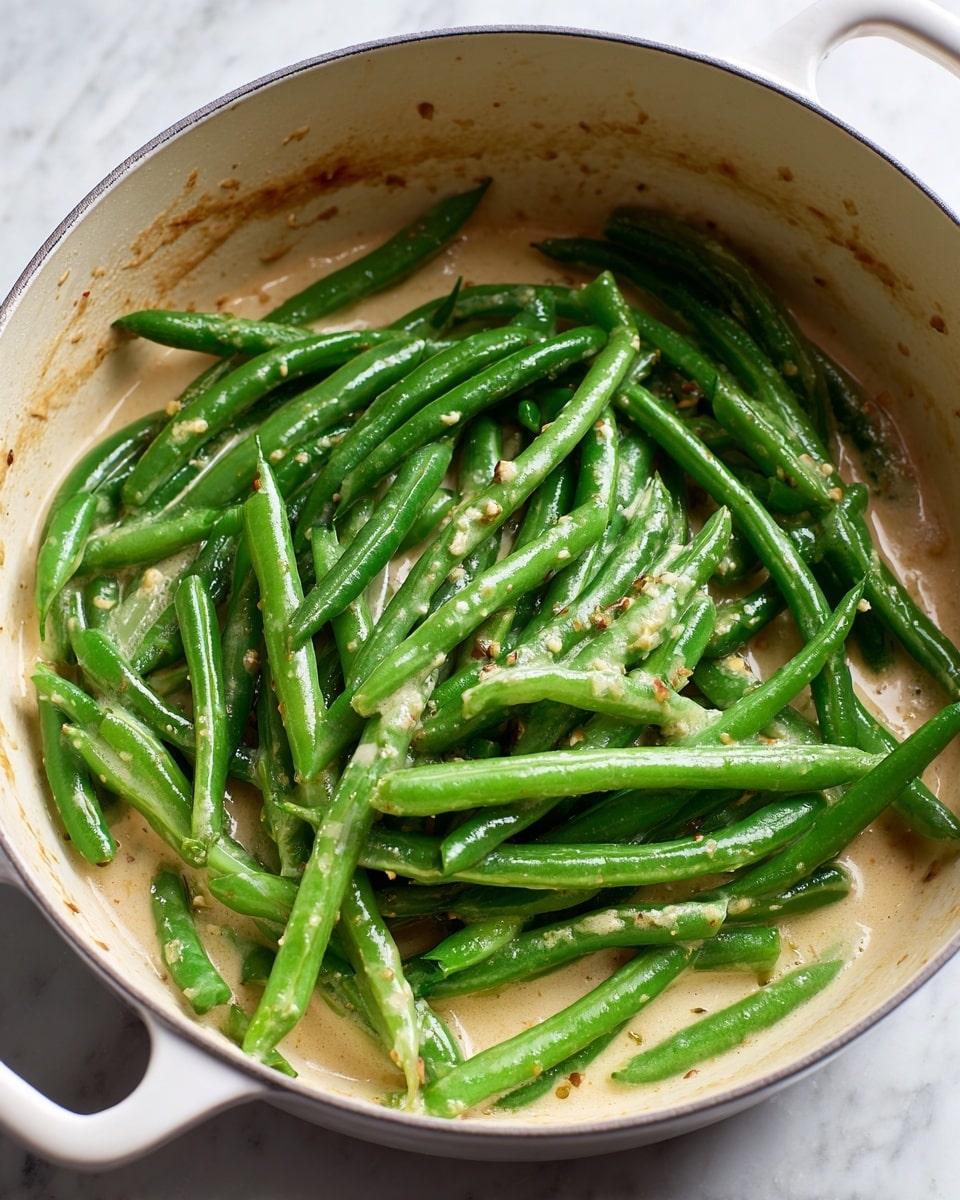 The image shows a white large pot filled with fresh green beans covered lightly in a creamy sauce that has small bits of seasoning, giving a slightly textured look to the beans. The beans are arranged in a loose pile, exhibiting a mix of smooth and slightly wrinkled surfaces, with some beans overlapping and others laying side by side. The inside of the pot has light residues of the sauce, adding subtle orange and beige stains to the white enamel. The pot is placed on a white marbled surface, and natural light highlights the vibrant green color of the beans. photo taken with an iphone --ar 4:5 --v 7