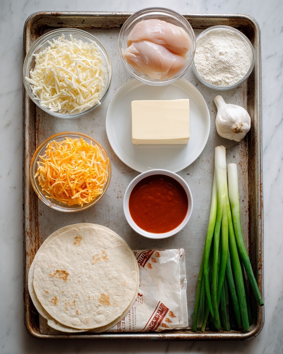 A white marbled surface holds various cooking ingredients neatly arranged on a metal baking sheet with rust marks. In the lower right corner, a package of white flour tortillas with red and cream-colored accents is partially opened, showing a tortilla inside. Above it and slightly left, a clear glass bowl contains two raw, light pink pieces of chicken. Next to it, a small white cup filled with smooth red sauce sits near the bottom left. Two clear glass bowls filled with shredded white cheese and shredded orange cheese are placed side by side near the top left. Just above them, a square block of cream-colored butter rests on a small white round plate. To the right of the butter, two garlic cloves, partially peeled, lie next to three long, bright green onions with white bulbs at the bottom. A tiny clear glass bowl with white flour is placed near the top left corner. The setting is brightly lit with natural light, showing clear textures and colors. photo taken with an iphone --ar 4:5 --v 7