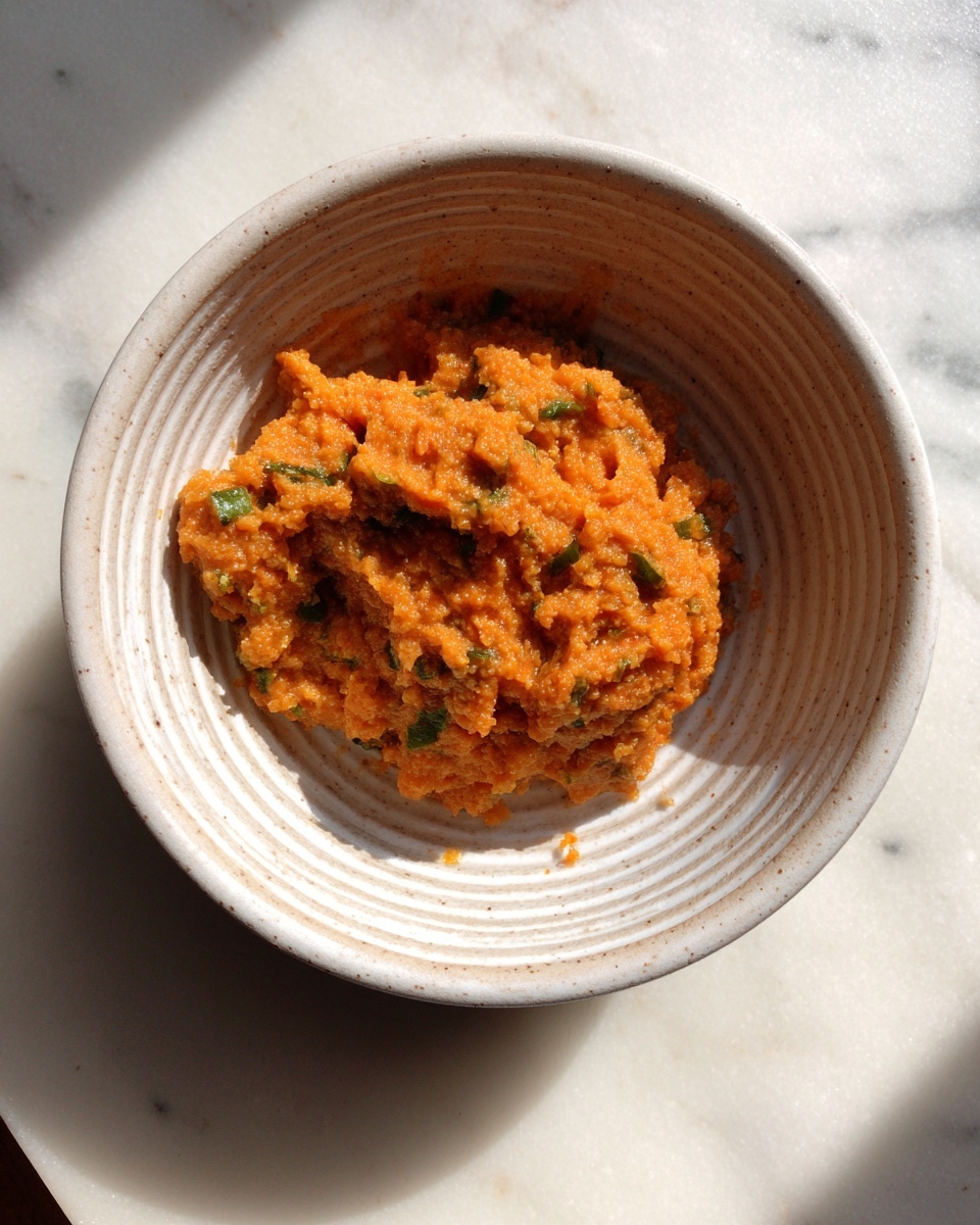 A rough, chunky orange paste mixed with small green herbs and bits of red pepper sits in the center of a white bowl with ridged inside walls; the paste has a thick, uneven texture with some loose bits around the main mound, and the bowl rests on a white marbled surface with soft shadows on the right side. photo taken with an iphone --ar 4:5 --v 7