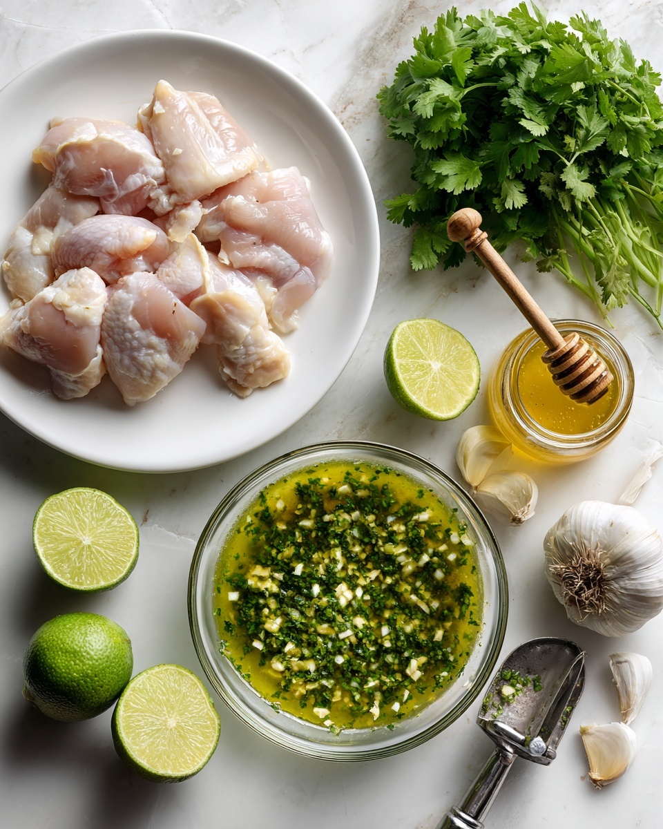 A white bowl with a brown rim holds three pieces of raw chicken soaked in green herb sauce, sprinkled with chopped garlic and herbs, and surrounded by olive oil. The bowl sits on a wooden board over a white marbled surface scattered with halved and squeezed green limes, a whole garlic bulb with loose cloves, a small gray metal citrus squeezer, and two small bowls—one with coarse salt and another with cracked black pepper. Photo taken with an iphone --ar 4:5 --v 7