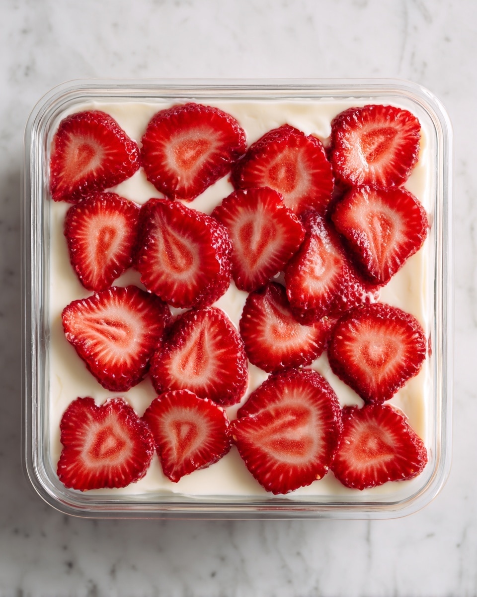 A square glass dish filled with a layered dessert sits on a white marbled surface. The dessert has three visible layers: the bottom layer is light brown with a soft, sponge-like texture, the middle layer is thick white cream mixed with bits of red strawberries, and the top layer is a smooth white cream decorated with halved fresh strawberries arranged in neat rows. In front of the dish is a white round plate holding a single piece of the dessert, showing the layers clearly. On top of this piece are two bright red strawberry halves placed side by side. A silver fork is placed on the left side of the plate. There are three whole strawberries around the dish and plate. Photo taken with an iphone --ar 4:5 --v 7