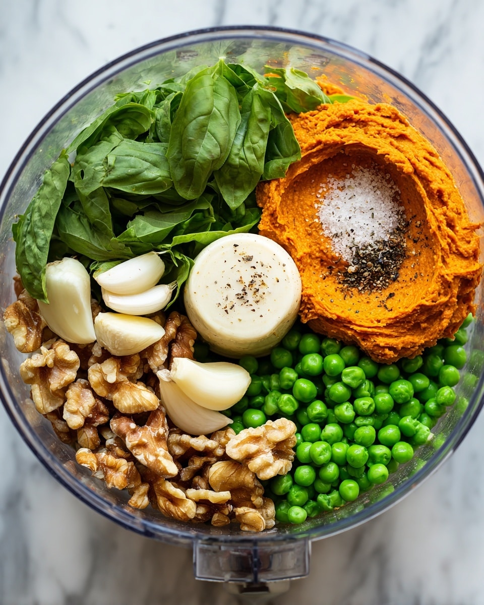 A clear round food processor bowl is filled with different ingredients arranged in sections: bright green fresh basil leaves fill the top left area, next to them an orange chunky paste with a sprinkle of white salt, below the paste are small bright green peas, and beside the peas are light brown walnut halves with some darker specks of black pepper, then two whole peeled garlic cloves sit on top of the walnuts. The bowl is placed on a white marbled surface. photo taken with an iphone --ar 4:5 --v 7