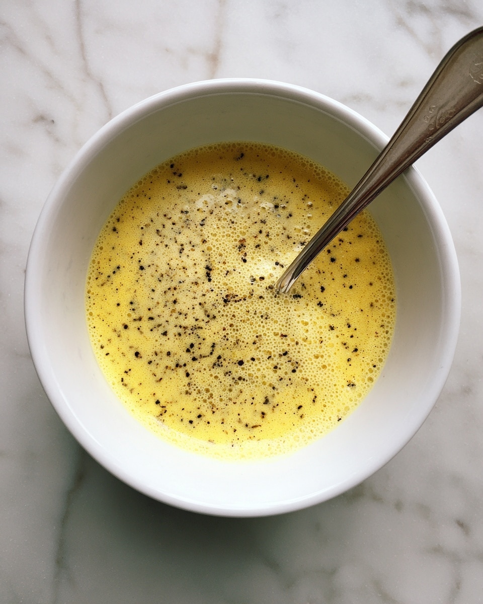 A white bowl filled with a light yellow, frothy liquid that has tiny bubbles and specks of black pepper scattered across its surface. A silver spoon with a simple, slightly curved handle rests inside the bowl on the right side. The bowl is placed on a white marbled surface. photo taken with an iphone --ar 4:5 --v 7