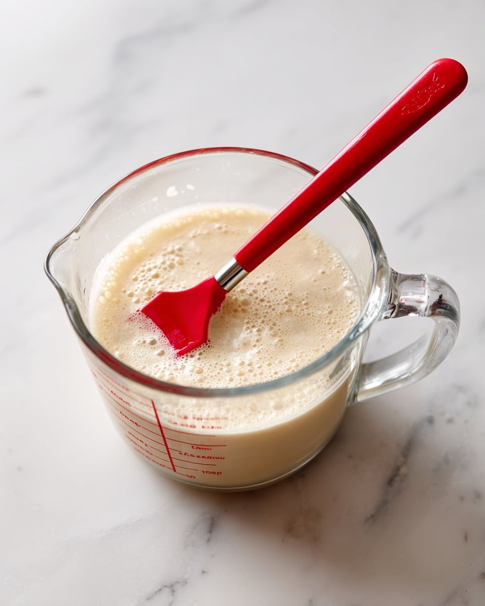 A clear glass measuring cup is filled halfway with a light beige, bubbly liquid mixture with a smooth, slightly thick texture. Inside the cup, a red silicone spatula with a metal handle is resting, partially submerged in the mixture. The glass cup shows measurement markings and has a handle on the right side. The cup is placed on a white marble surface with faint grey veins, creating a clean and bright background. The scene is well-lit, highlighting the creamy appearance of the liquid. Photo taken with an iphone --ar 4:5 --v 7