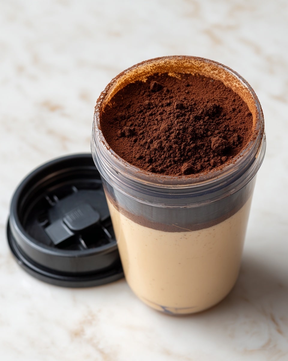 The image shows a clear blender cup filled with two visible layers. The bottom layer is light beige and smooth, taking roughly one-third of the cup, while the top layer is a thick layer of dark brown cocoa powder, slightly uneven in texture with small clumps. The cup is placed on a white marbled surface, and the black blender lid with its blades is placed nearby. photo taken with an iphone --ar 4:5 --v 7