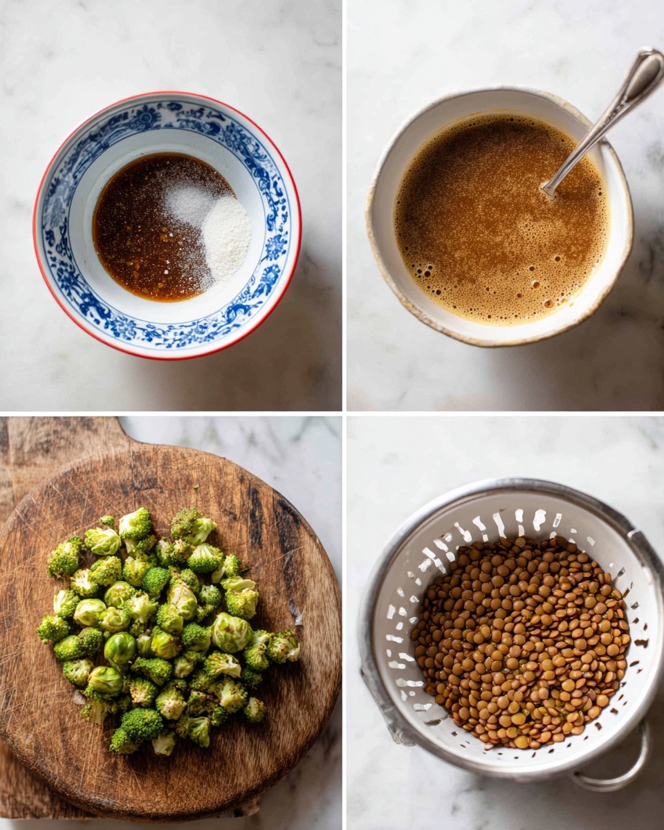 The image shows four sections of food preparation. Top left is a white bowl with blue patterns and a red rim, filled with dark brown sauce and a white powder on one side. Top right is the same bowl with the sauce mixed into a lighter brown, slightly bubbly liquid, a silver spoon sticking out on the right side. Bottom left shows many small green broccoli pieces spread on a round wooden board. Bottom right shows cooked brown lentils inside a white colander with black rim spots, sitting on a white marbled surface. Photo taken with an iphone --ar 4:5 --v 7
