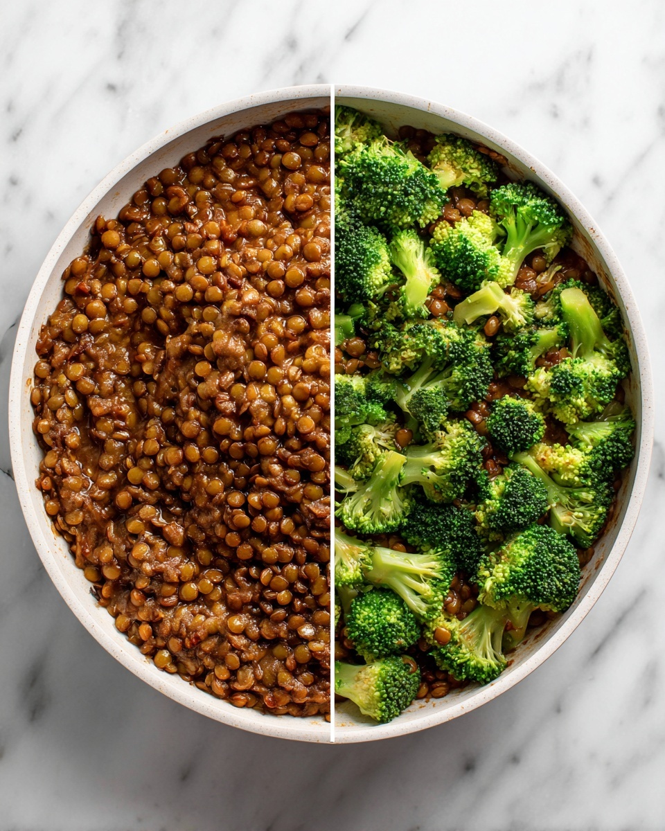 The image shows two side-by-side views of a white pan filled with cooked lentils and broccoli. On the left side, the dish has two layers: the bottom layer is small, round, brown lentils, and on top are bright green broccoli pieces with a firm texture. On the right side, the lentils and broccoli are cooked together, with the lentils looking soft and saucy with a rich brown color, and the broccoli is a softer green scattered evenly on top. The pan is placed on a white marbled surface. photo taken with an iphone --ar 4:5 --v 7