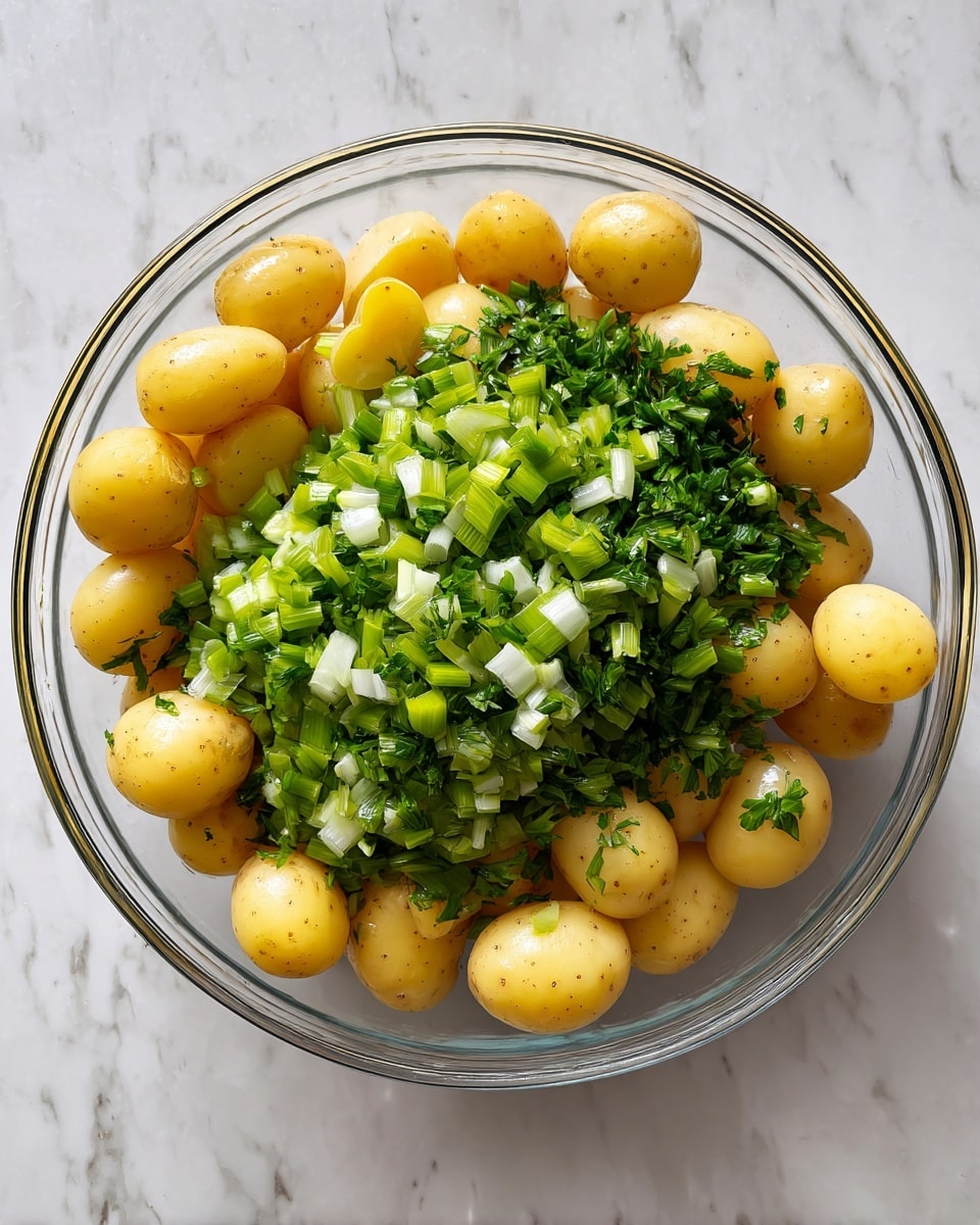 A clear glass bowl filled with two main layers: the bottom layer is small whole and halved yellow and light brown potatoes with smooth skin, and the top layer is a thick heap of finely chopped pale green and white celery pieces, evenly spread over the potatoes. The bowl is placed on a white marbled surface. Photo taken with an iphone --ar 4:5 --v 7