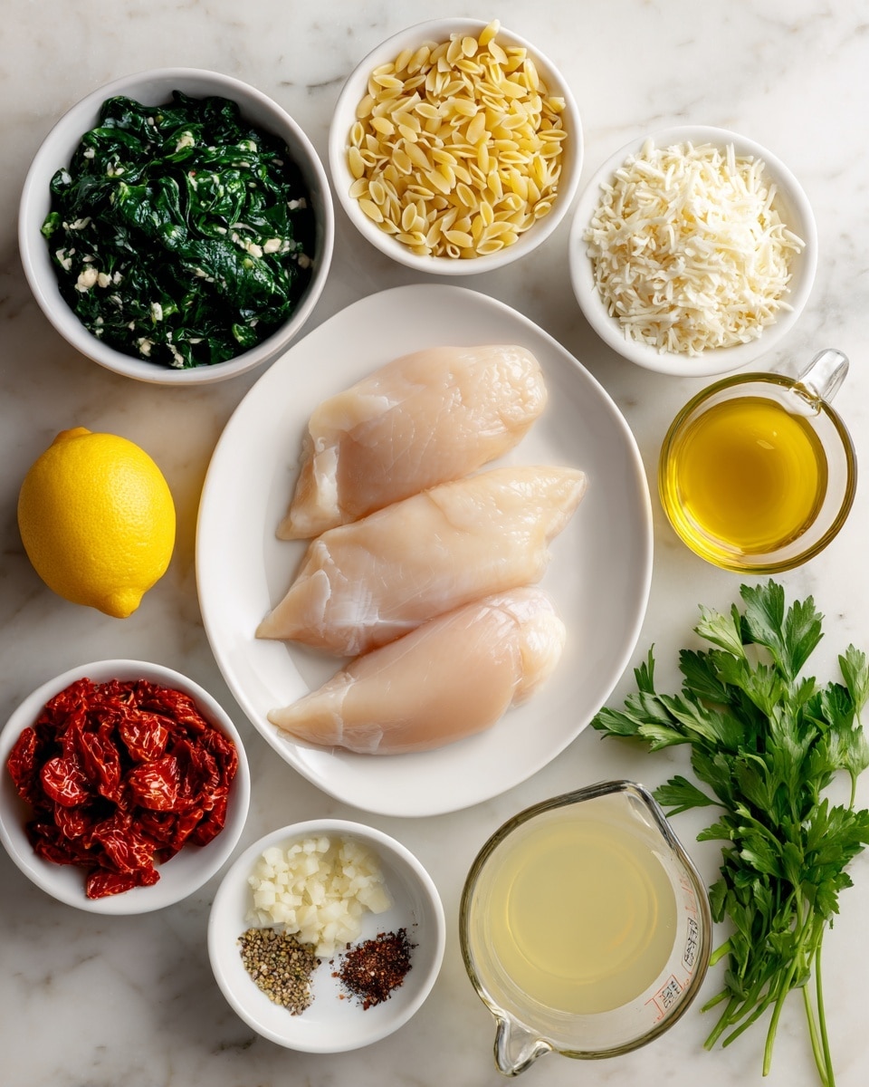 The image shows many ingredients neatly arranged on a white marbled surface. In the center is a white plate holding three smooth, pale raw chicken fillets. Surrounding this plate are small white bowls filled with different ingredients: deep green spinach, chopped white onion, light yellow orzo pasta, a creamy white liquid, shredded white cheese, minced garlic, a small piece of pale butter with black pepper, and bright red sun-dried tomatoes. There is also a small white bowl with golden olive oil, a whole yellow lemon, a bunch of fresh green parsley, and a clear measuring cup with a light yellow broth. The setup is clean and well-organized, showing all parts clearly. photo taken with an iphone --ar 4:5 --v 7