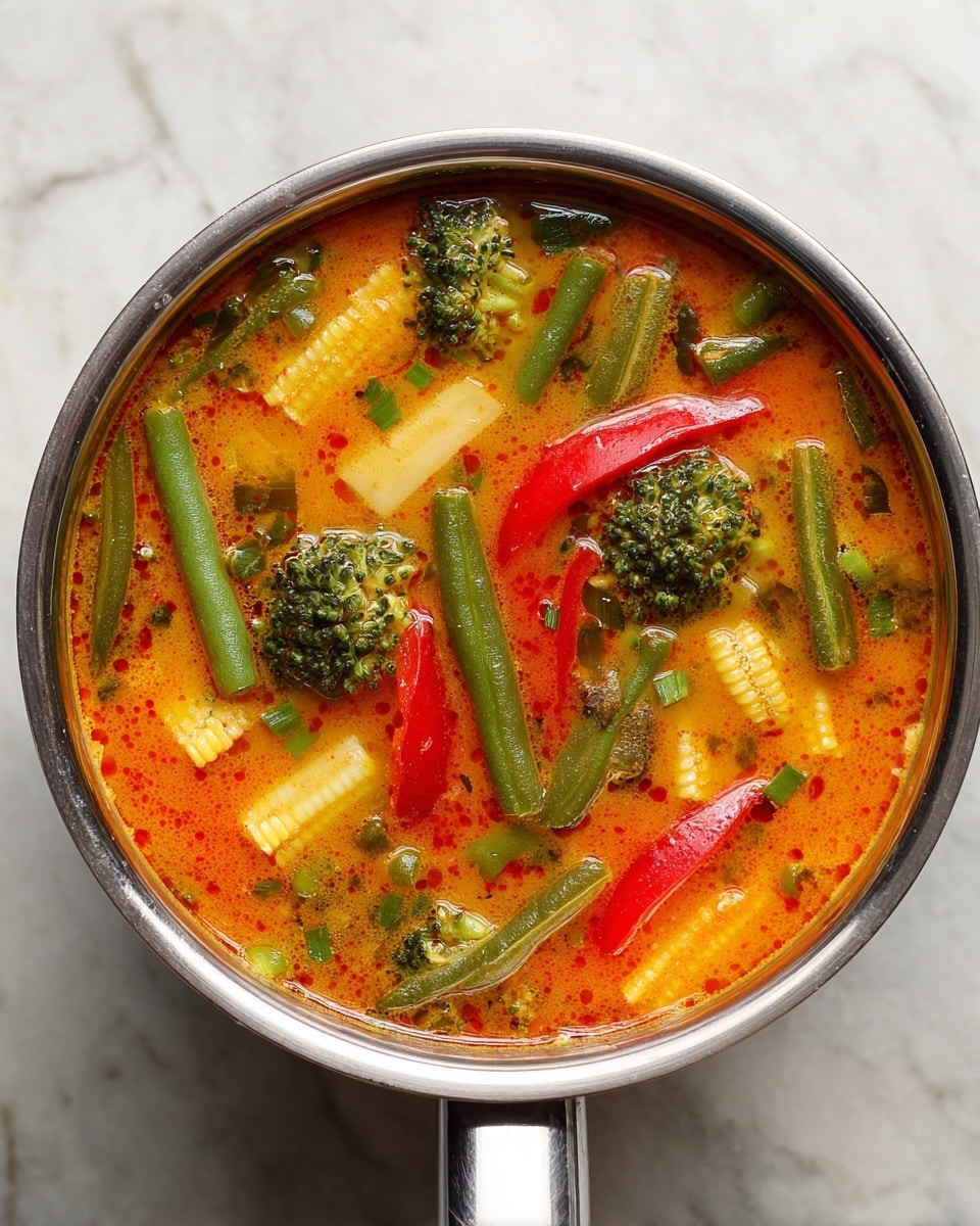 A close-up top view of a pot filled with a thick, orange soup base. The soup has visible layers of vegetables floating on top, divided into sections: bright green broccoli florets positioned near the top center, thin slices of red bell pepper on the left side, small light yellow baby corn cut into pieces on the right, and chopped green beans scattered in the middle and lower part. The soup surface shows some oil or spice specks creating texture. The pot is placed on a white marbled surface. photo taken with an iphone --ar 4:5 --v 7