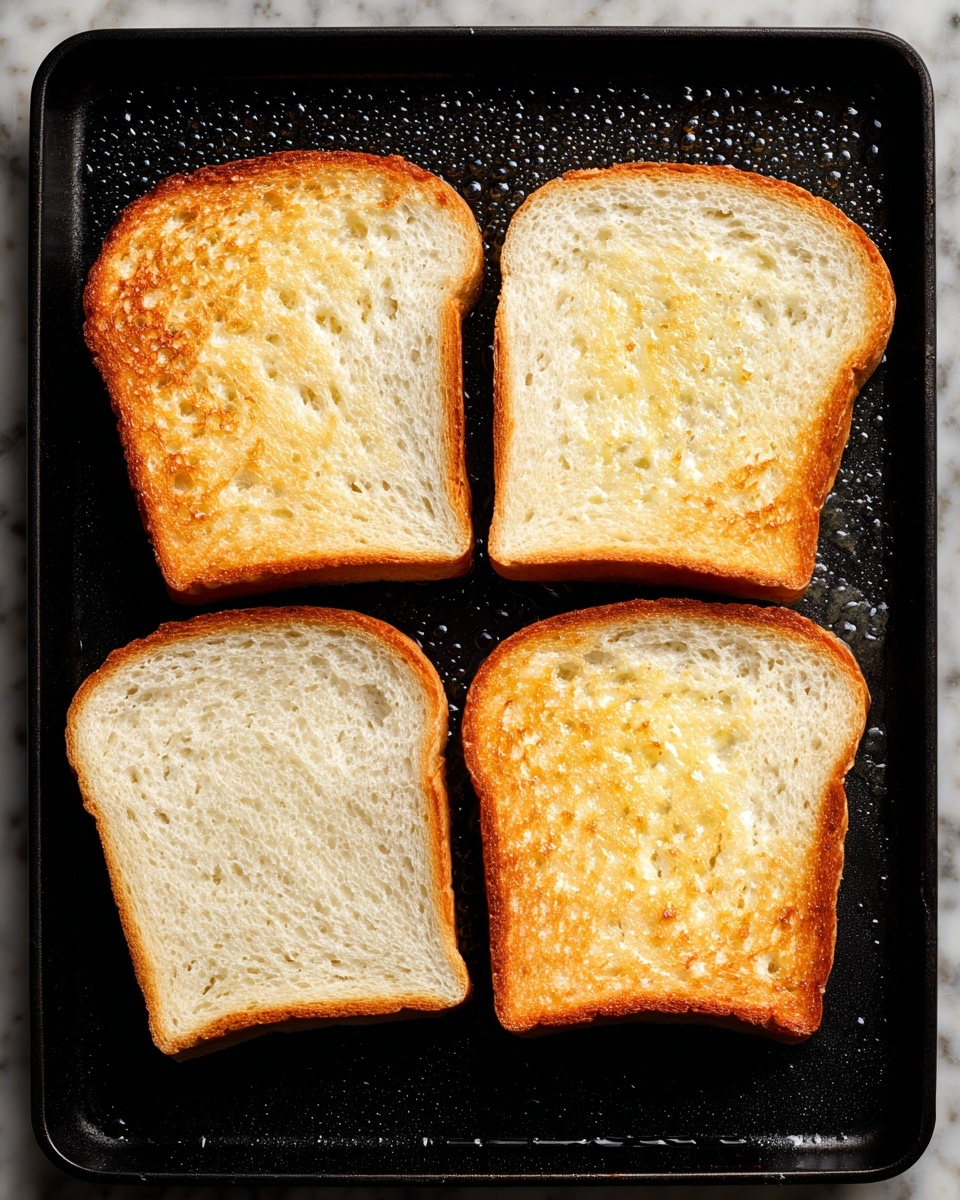 Three slices of white bread are on a black griddle pan, each slice lightly turning golden from cooking in melted butter that bubbles around the edges. The bread slices have a soft, porous texture and are arranged side by side, with the crusts slightly darker and firmer than the pale centers. The background surface is a white marbled texture. Photo taken with an iphone --ar 4:5 --v 7