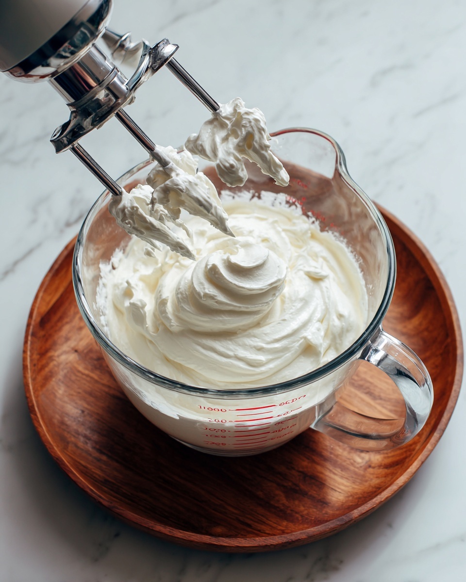 A clear glass measuring cup filled with thick, white whipped cream being mixed by a hand mixer with two metal beaters. The whipped cream looks smooth and fluffy with small peaks, and the measuring cup shows red measurement markings around its sides. The cup sits on a round wooden tray with a warm brown color, all placed on a white marbled surface. photo taken with an iphone --ar 4:5 --v 7