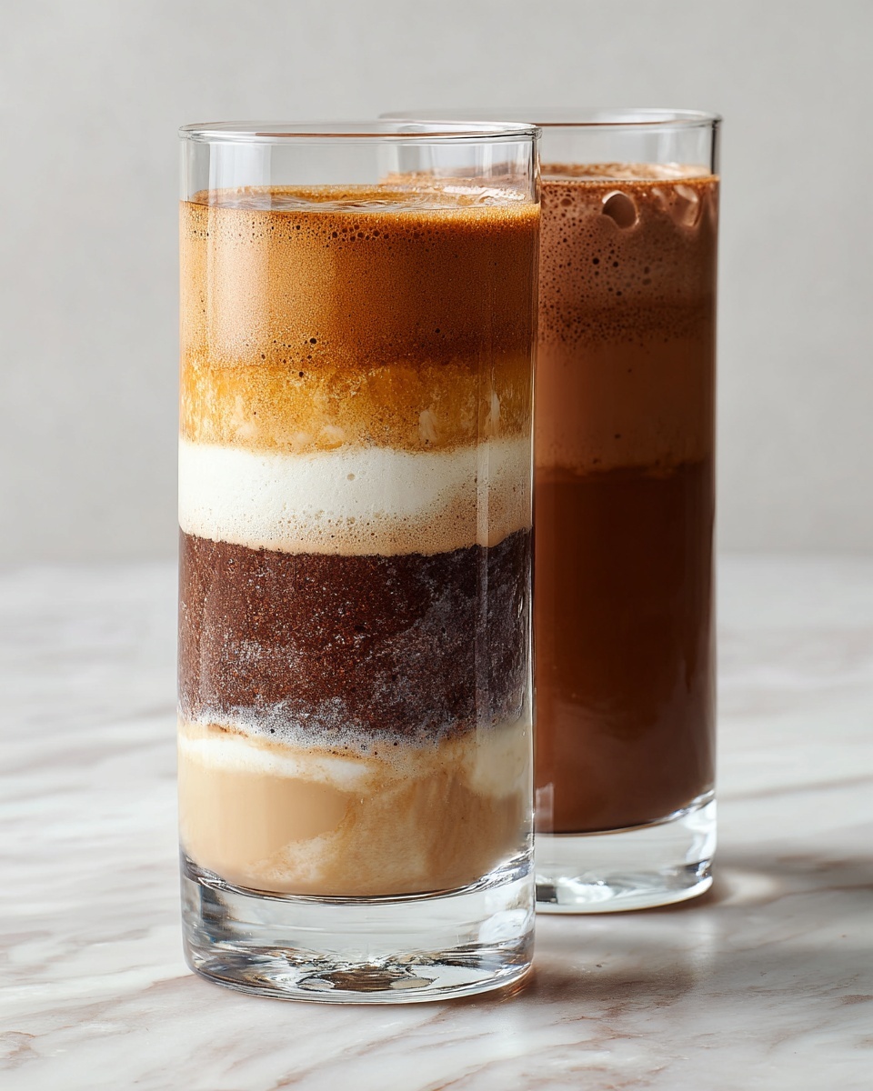 The image shows two tall clear glasses on a white marbled surface with a plain light background. The first glass has seven visible layers starting from the bottom: light beige with fruit pieces, a thick light brown, a thin lighter cream layer, a spread dark brown, a white cream, another thick dark brown layer on top, and a final thin white cream layer. The second glass contains a smooth chocolate-colored drink without layers, filling it completely. photo taken with an iphone --ar 4:5 --v 7