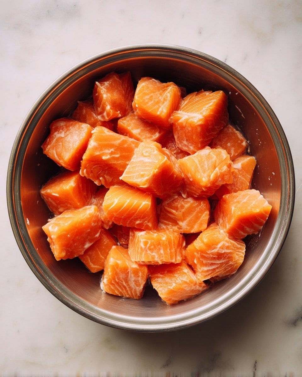 The image shows a round metal bowl filled with many small, rectangular pieces of orange salmon. Each piece is covered with a light orange creamy sauce, giving a soft and smooth texture on the salmon. The salmon pieces are spread evenly inside the bowl, with some sauce sticking to the sides. The bowl sits on a white marbled surface. photo taken with an iphone --ar 4:5 --v 7