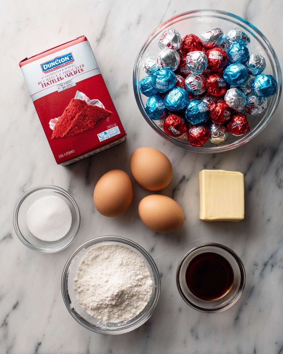 The image shows a box of Duncan Hines Perfectly Moist Red Velvet cake mix on a white marbled surface. Next to it, there is a clear glass bowl filled with red, silver, and blue wrapped Hershey’s Kisses chocolates. Below, two brown eggs rest side by side, with a stick of butter to their right. Below the eggs, there is a small clear bowl filled with white granulated sugar, and next to it on the left is a small clear bowl with dark vanilla extract. The ingredients are neatly arranged and spaced out evenly. Photo taken with an iphone --ar 4:5 --v 7