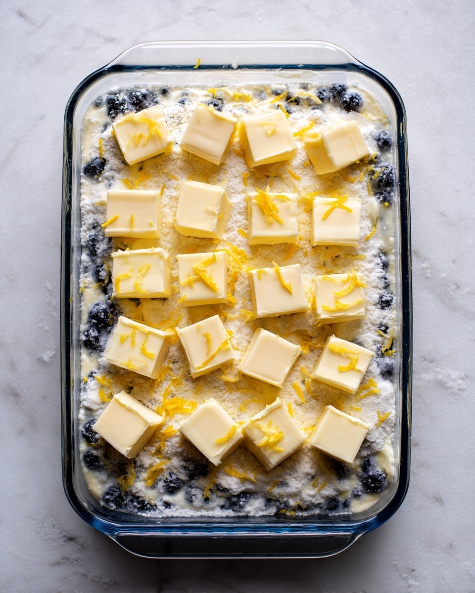 A clear glass rectangular baking dish sits on a white marbled surface, filled with a dessert in progress. The bottom layer shows a mixture with visible dark blue dots peeking through from underneath a thick dusting of white powdered sugar, spread evenly across the top. On top of this, there are numerous small, pale yellow square pieces of butter, arranged evenly in neat rows covering the entire surface. Fine shreds of yellow zest are scattered across the powdered sugar layer, adding tiny pops of color. The scene captures the preparation stage before baking, with cool tones and a simple clean look. photo taken with an iphone --ar 4:5 --v 7