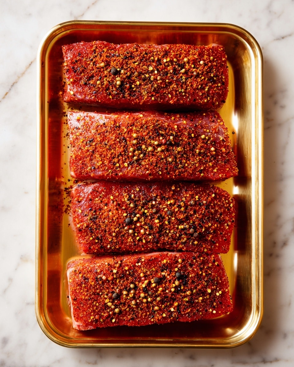 Four raw meat pieces lie flat in a gold rectangular tray, each one evenly covered in a layer of red-orange spice mix with visible brown and black herbs scattered on top, creating a textured look. The tray is set on a white marbled surface. photo taken with an iphone --ar 4:5 --v 7