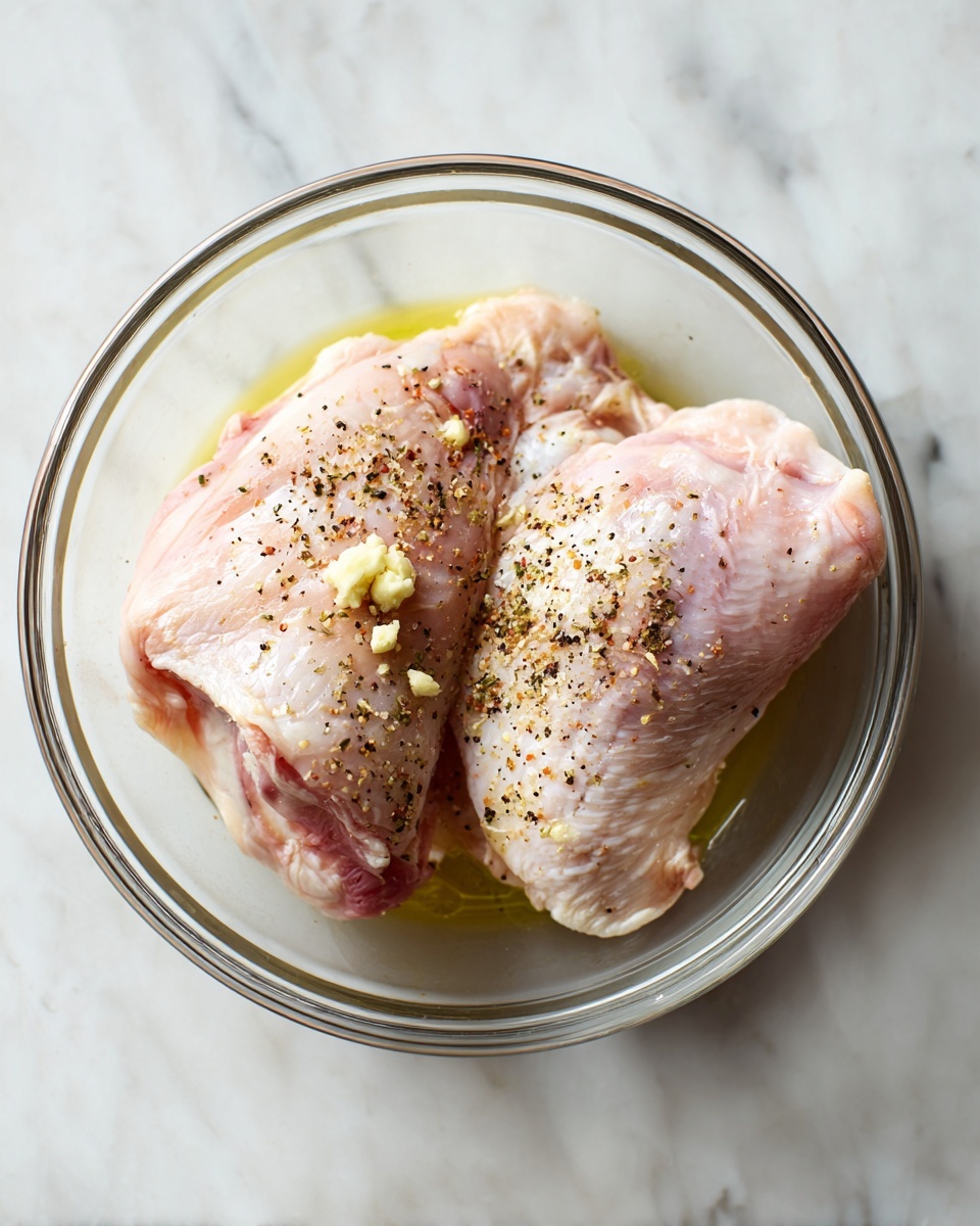 A clear glass bowl holds two pieces of raw chicken skin side up, sprinkled with black pepper and some seasoning, with a small dollop of minced garlic on top. The chicken skin is pale with slight pink areas visible at the edges, and some yellowish oil around the pieces. The bowl sits on a surface with white marbled texture. photo taken with an iphone --ar 4:5 --v 7