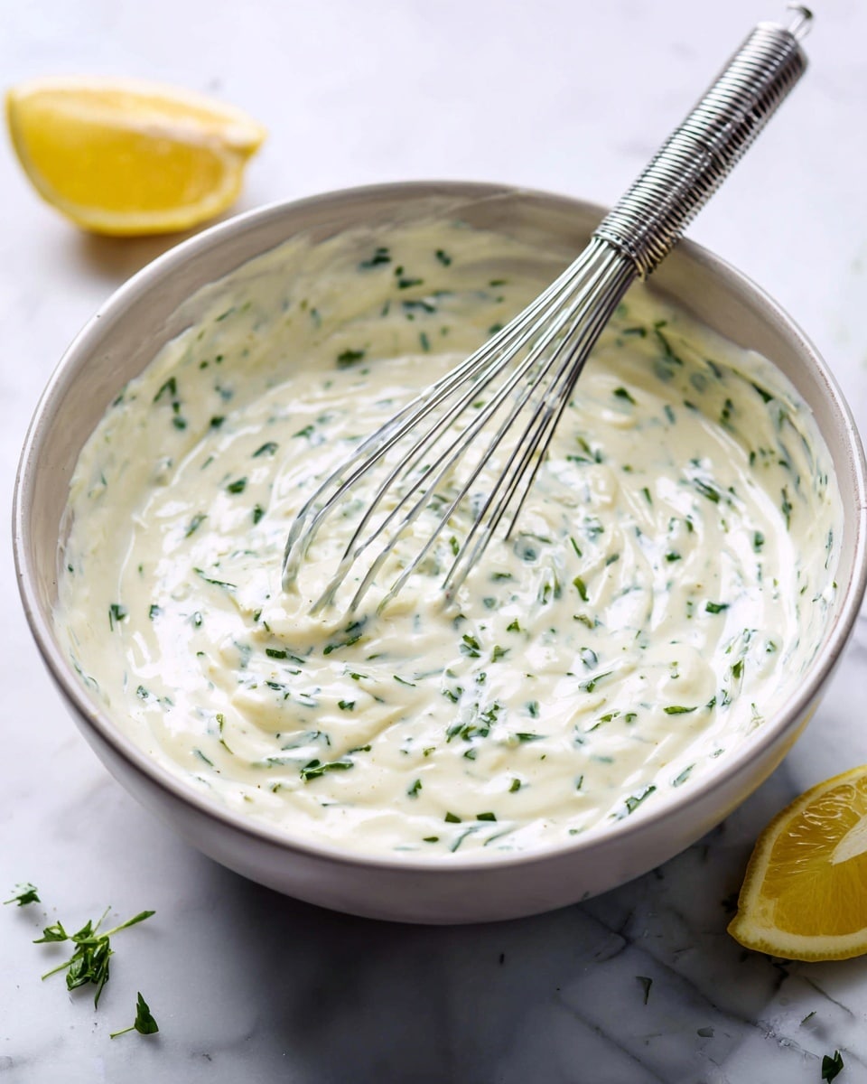 A large bowl filled with a thick, creamy white sauce mixed with small green herb bits spread evenly throughout. A silver whisk is resting inside the bowl, coated with the sauce, showing smooth and soft texture. The bowl sits on a white marbled surface, with a lemon wedge and a glass container partially visible nearby. The lighting highlights the freshness and creamy feel of the sauce photo taken with an iphone --ar 4:5 --v 7