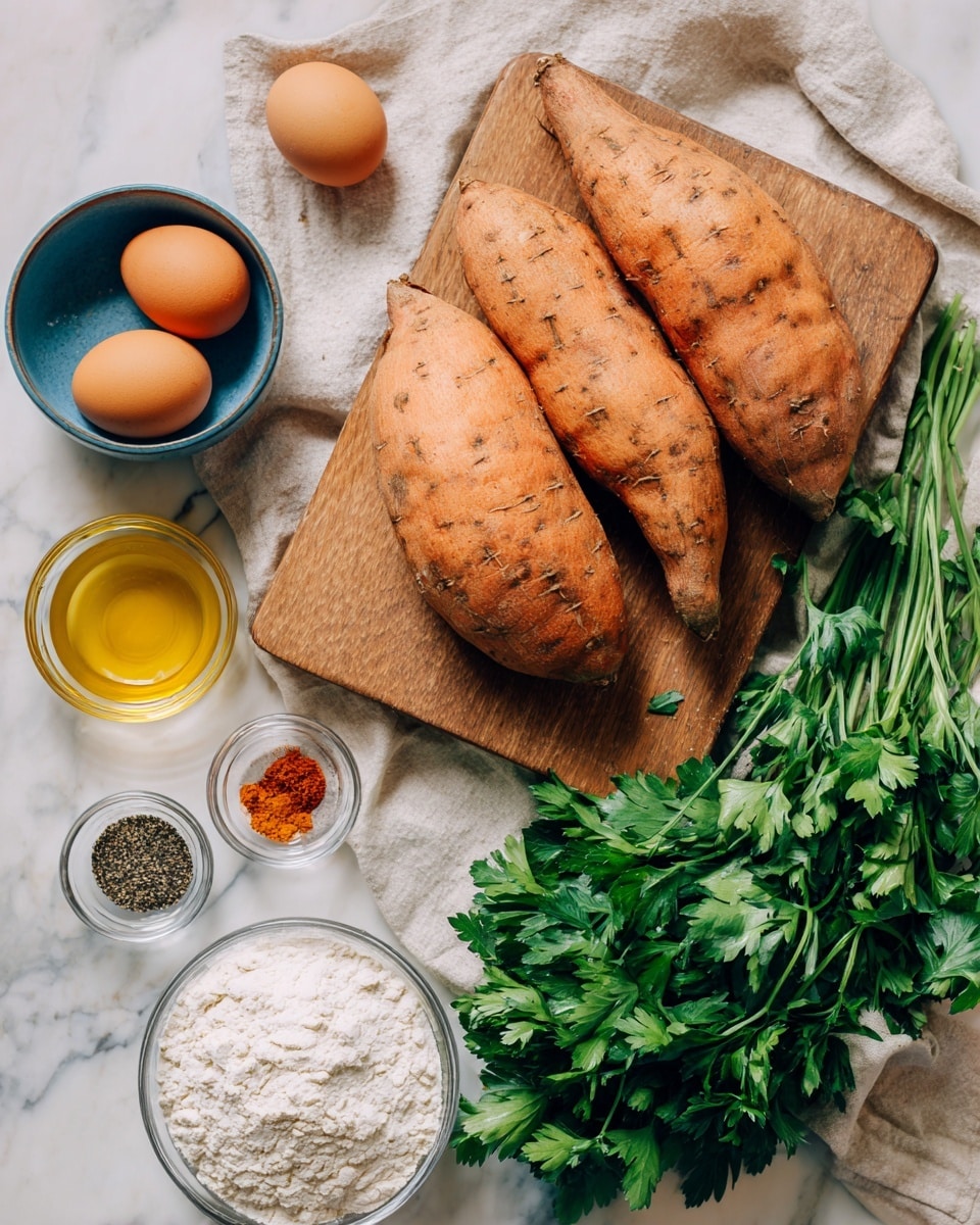 The image shows three whole sweet potatoes with rough orange skin, lying side by side on a wooden cutting board. To the right of the sweet potatoes is a bunch of fresh green parsley with vibrant leaves. On the top left corner, there is a small blue bowl holding three brown eggs. Below the eggs, there is a small glass bowl full of a golden liquid, likely oil. Next to it, a measuring cup filled with fine white flour and a small glass bowl containing mixed dry spices in layers of black, red, white, and green are placed. All of this is set on a white marbled surface with a light-colored cloth underneath some of the items. photo taken with an iphone --ar 4:5 --v 7
