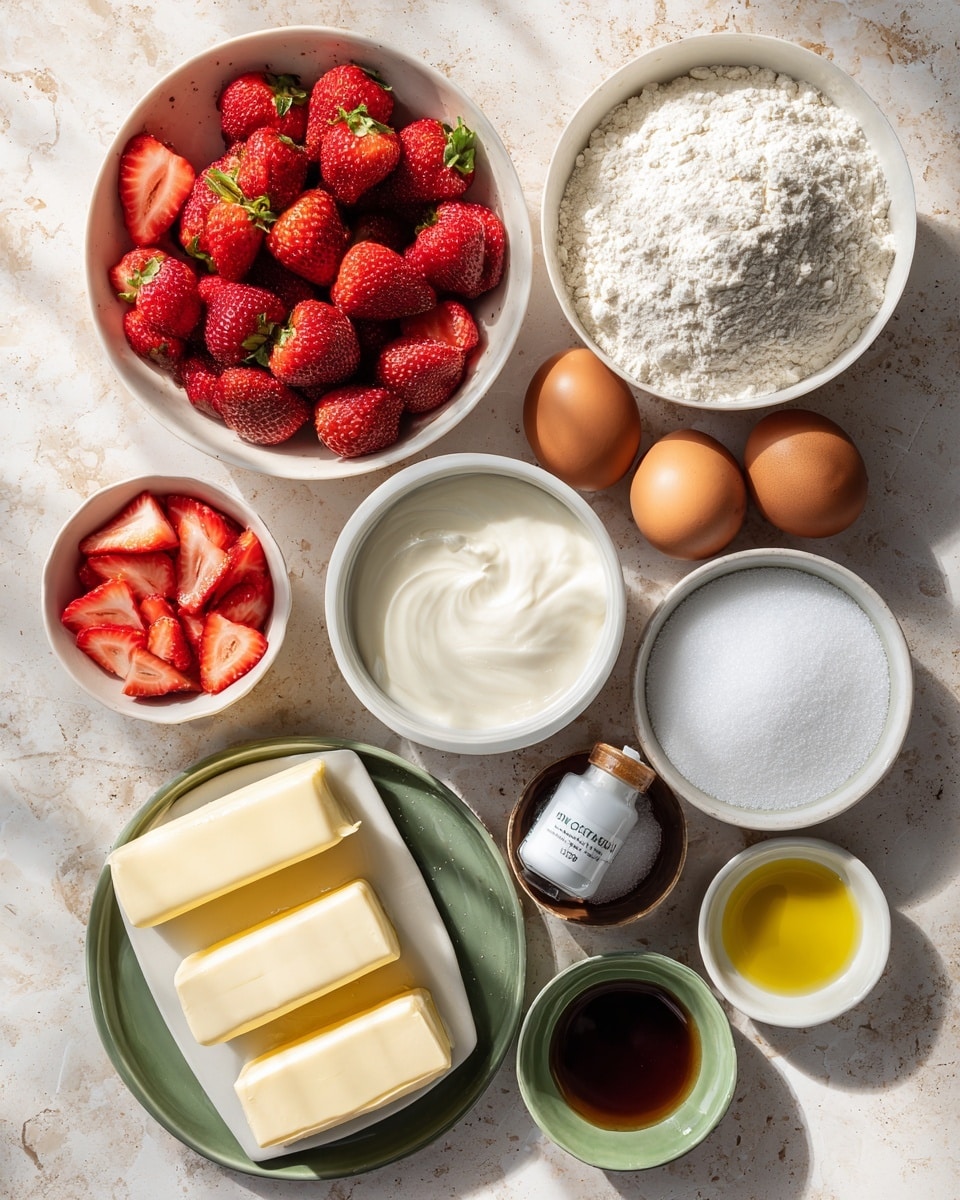 A top-down view of multiple bowls and small plates arranged on a surface with a white marbled texture, containing various baking ingredients; a large white bowl filled with halved red strawberries showing juicy textures, three whole brown eggs placed next to a cup filled with smooth white cream at the center; a large white bowl full of white flour with a fine texture sits nearby, along with a rectangular white plate holding four thick sticks of pale yellow butter; a round white bowl contains granulated white sugar with a slightly sparkly surface, and another large white bowl holds a fine white powder of powdered sugar; smaller green bowls contain bright red sliced strawberries and dark brown vanilla extract, while a small white bowl is filled with clear yellow oil; a larger green plate holds piles of white powdery ingredients including cornstarch and another fine white powder, a small bottle of gel color with a label is placed among these, and the entire layout is balanced and colorful with a mix of natural shades; photo taken with an iphone --ar 4:5 --v 7