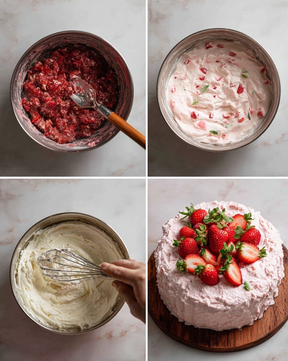 The images show the process of making a strawberry whipped cream dessert. The first layer is a thick, chunky, dark red strawberry mixture in a silver bowl with a spoon inside. The second layer is a creamy, smooth light pink mix with small strawberry pieces in the same silver bowl with a wooden spoon handle visible. The third layer shows a woman's hand holding a whisk with thick, airy pale pink whipped cream covered in strawberry bits. The final layer is a round cake covered in fluffy pink strawberry cream, topped with whole and sliced strawberries and green leaves, placed on a wooden board on a white marbled surface. photo taken with an iphone --ar 4:5 --v 7