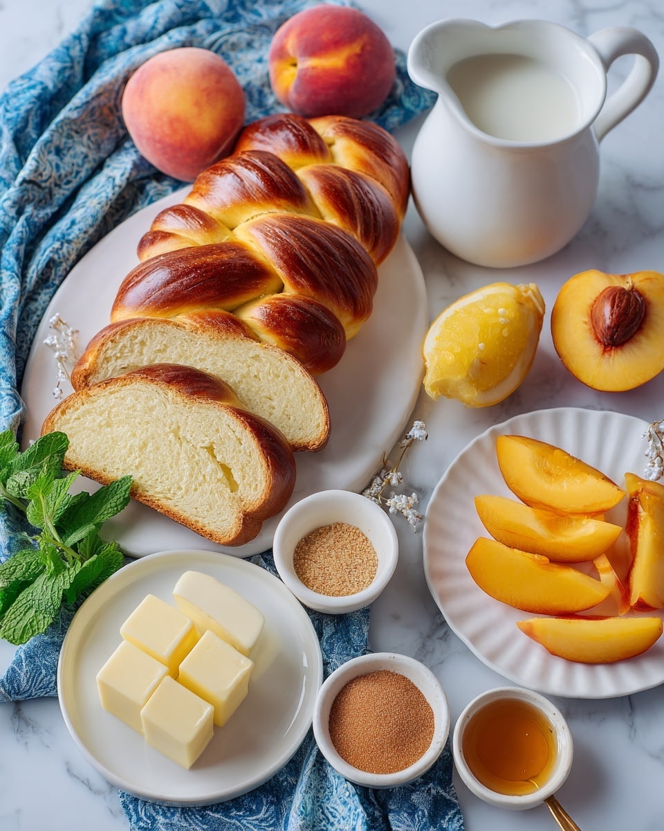 The image shows a white plate with eight slices of golden-brown braided bread arranged in two rows, with a soft, light inner texture. Nearby, three whole peaches with red and orange skin color sit next to a white pitcher filled with milk. A white round plate holds one whole peach, one peach half showing the pit, and several bright orange-yellow peach slices fanned out. There's a small white bowl with four square pieces of butter stacked neatly, a small speckled dish with brown cinnamon powder, a halved lemon with visible juicy pulp, and a spoon filled with brown sugar resting on a blue cloth. Another small white bowl with light golden honey and a bunch of fresh green mint leaves complete the scene, set on a white marbled surface with a blue patterned cloth underneath photo taken with an iphone --ar 4:5 --v 7
