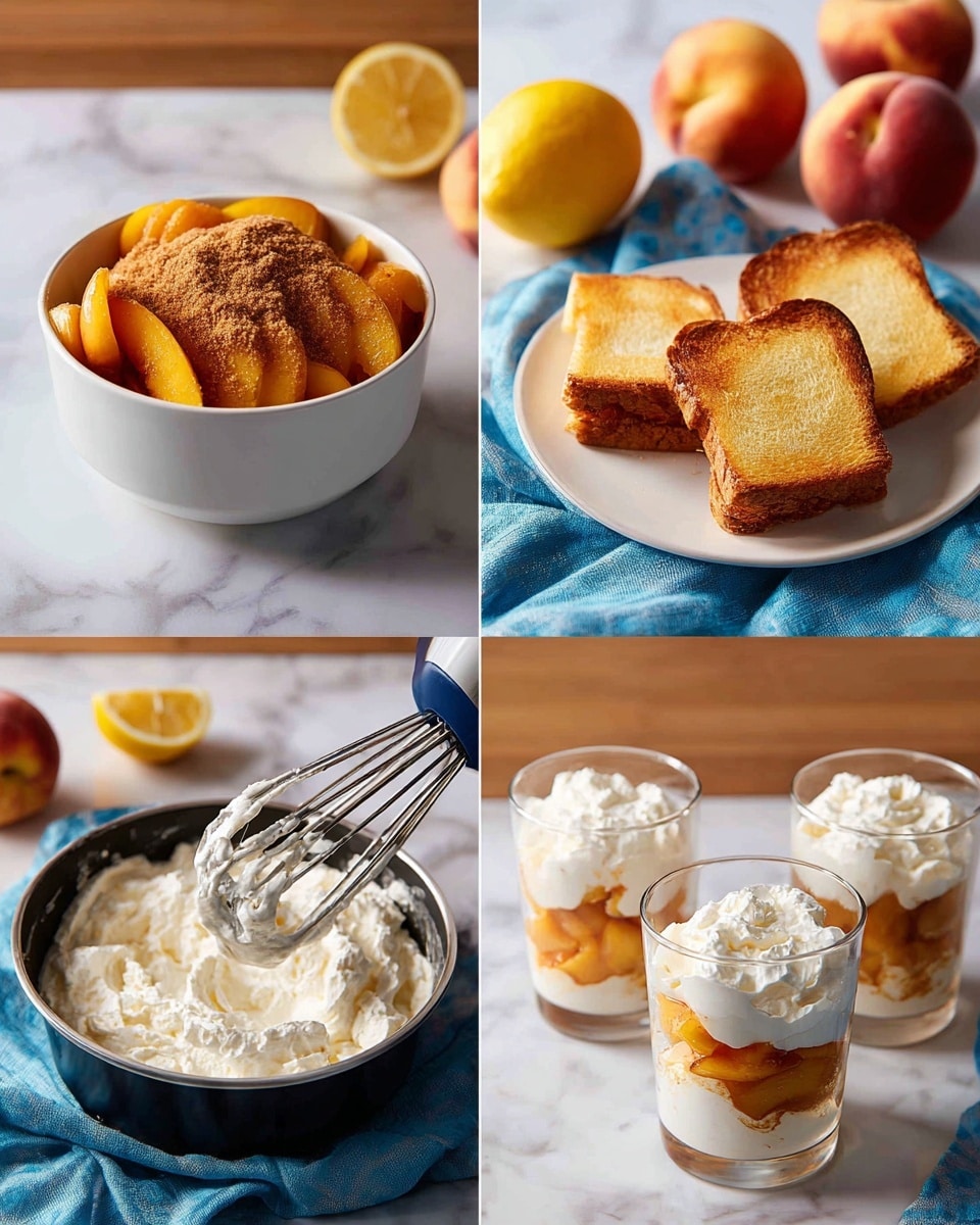 The image shows four scenes of making a peach dessert. In the first scene, there is a white bowl filled with sliced peaches arranged on the bottom and covered with a pile of brown sugar and cinnamon powder on top. The bowl is placed on a white marbled surface with some whole peaches and a lemon nearby. In the second scene, a black pan holds four small slices of toasted bread, golden-brown on top, set on a white marbled surface with a blue cloth and some peaches around. The third scene shows a white bowl with fluffy whipped cream being mixed by a hand mixer, placed on a white marbled surface with peaches and a blue cloth in the background. The last scene features two clear glasses sitting on a blue cloth on a white marbled surface, each glass layered with sliced peaches at the bottom and a thick layer of whipped cream on top, set against a wooden background. photo taken with an iphone --ar 4:5 --v 7