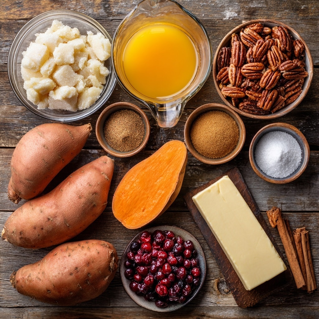 The image shows four parts of making cooked sweet potatoes. The top left part shows whole and sliced sweet potatoes on a wooden board with a woman's hand peeling one, a black peeler, and a knife nearby. The top right part shows a white bowl filled with liquid that has swirling light brown and darker brown colors, with a wooden spoon resting inside. The bottom left part shows a white bowl filled with uncooked sweet potato slices that are orange and spread out evenly. The bottom right part shows the same white bowl with cooked sweet potato slices now shiny and darker orange, covered in a sticky sauce, with a wooden spoon resting inside. The background surface is white marble with subtle veins photo taken with an iphone --ar 4:5 --v 7