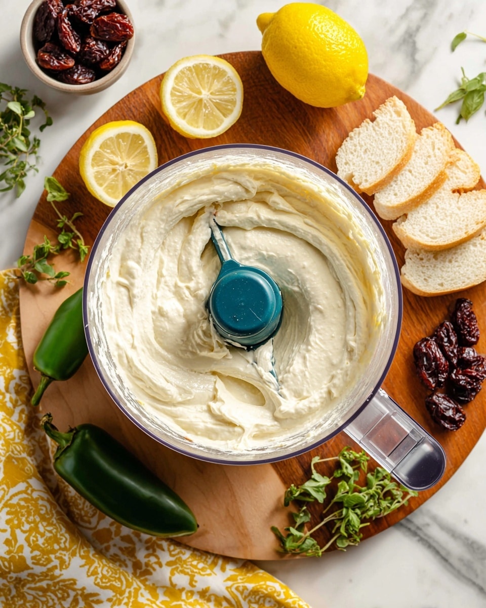 The image shows a round white bowl filled with a thick, creamy white dip spread evenly inside with soft swirls on top. On the dip's surface are several small, dark green grilled zucchini rounds scattered. Bright red dried cranberries add contrast, mostly on one side, while green thyme sprigs sit near the center. A light amber drizzle of honey or syrup covers parts of the dip and toppings. The bowl is surrounded by an assortment of multi-colored crackers in various shapes and textures. Red grape clusters fill the background, all placed on a white marbled surface. Photo taken with an iphone --ar 4:5 --v 7